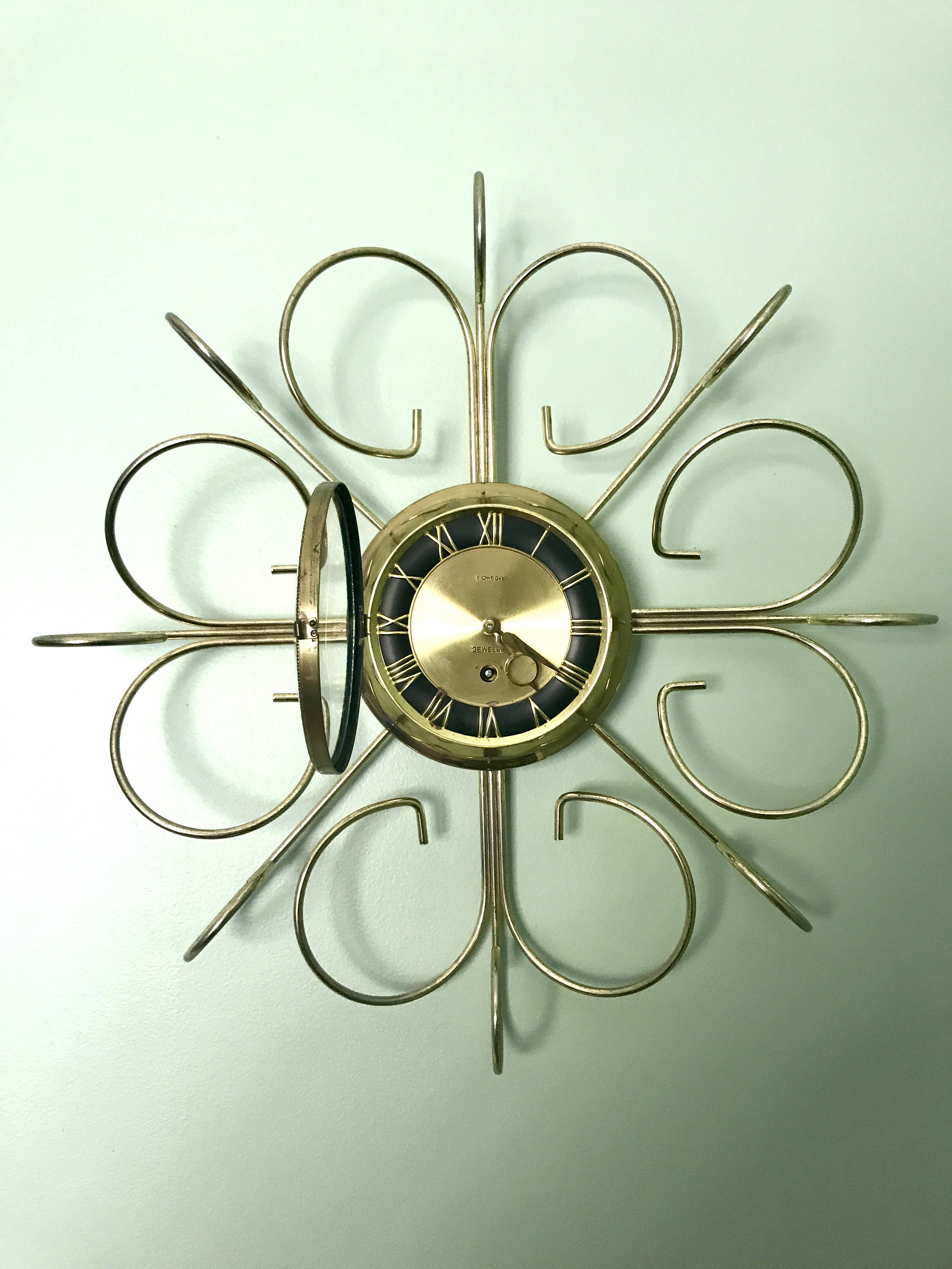 Vtg Retro Starburst Wall Clock | Gold Sunburst Eight Day Wind Up Clock | Mid Century Modern Wall Clock | Brass Retro Modern Wall Clock
