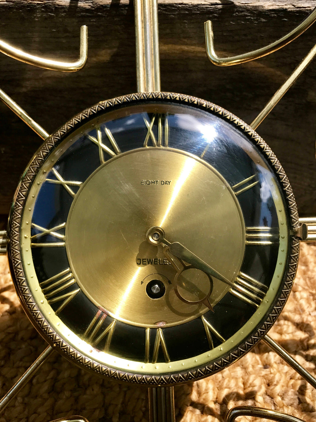 Vtg Retro Starburst Wall Clock | Gold Sunburst Eight Day Wind Up Clock | Mid Century Modern Wall Clock | Brass Retro Modern Wall Clock