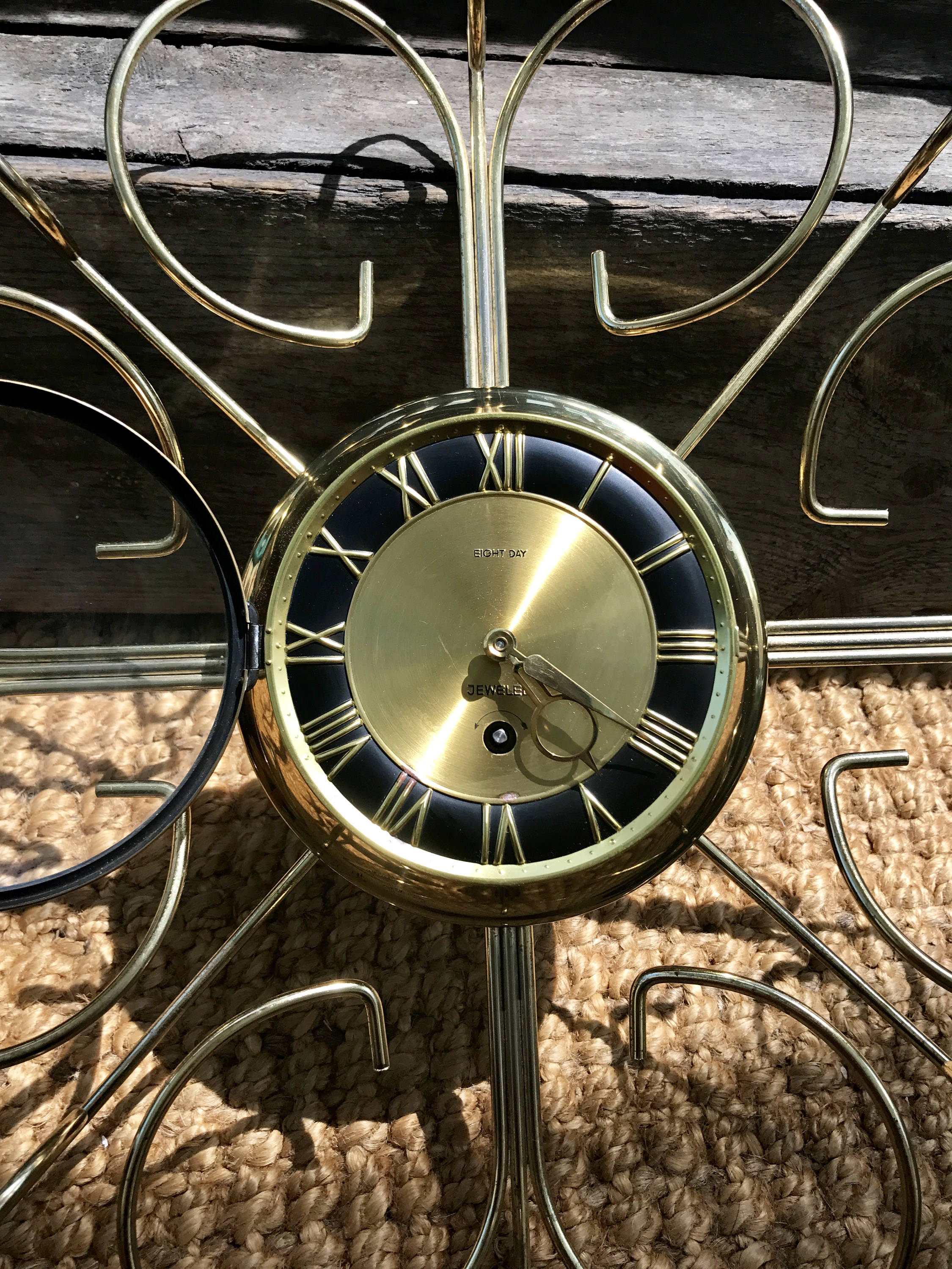 Vtg Retro Starburst Wall Clock | Gold Sunburst Eight Day Wind Up Clock | Mid Century Modern Wall Clock | Brass Retro Modern Wall Clock