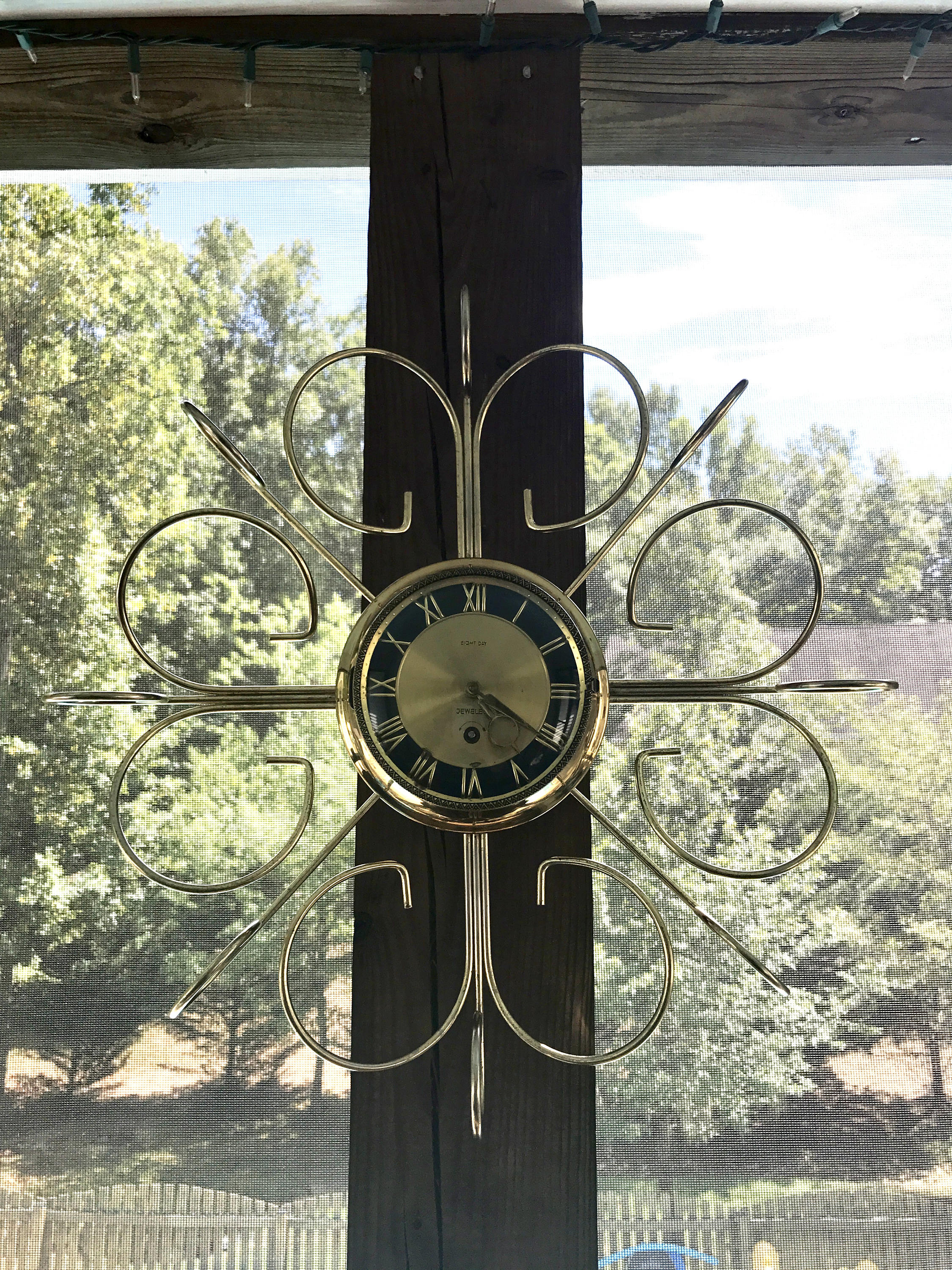 Vtg Retro Starburst Wall Clock | Gold Sunburst Eight Day Wind Up Clock | Mid Century Modern Wall Clock | Brass Retro Modern Wall Clock