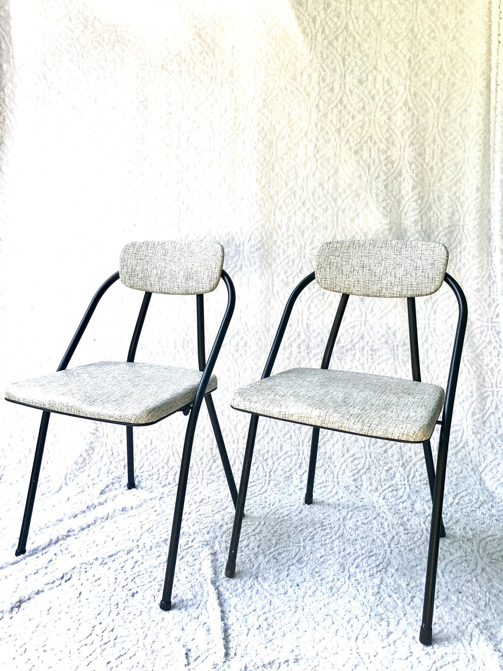 Pair of Hamilton Cosco Folding Chairs | Cosco Stylaire Padded Metal Folding Chairs |Matching Industrial Folding Chairs | Mid Century Atomic