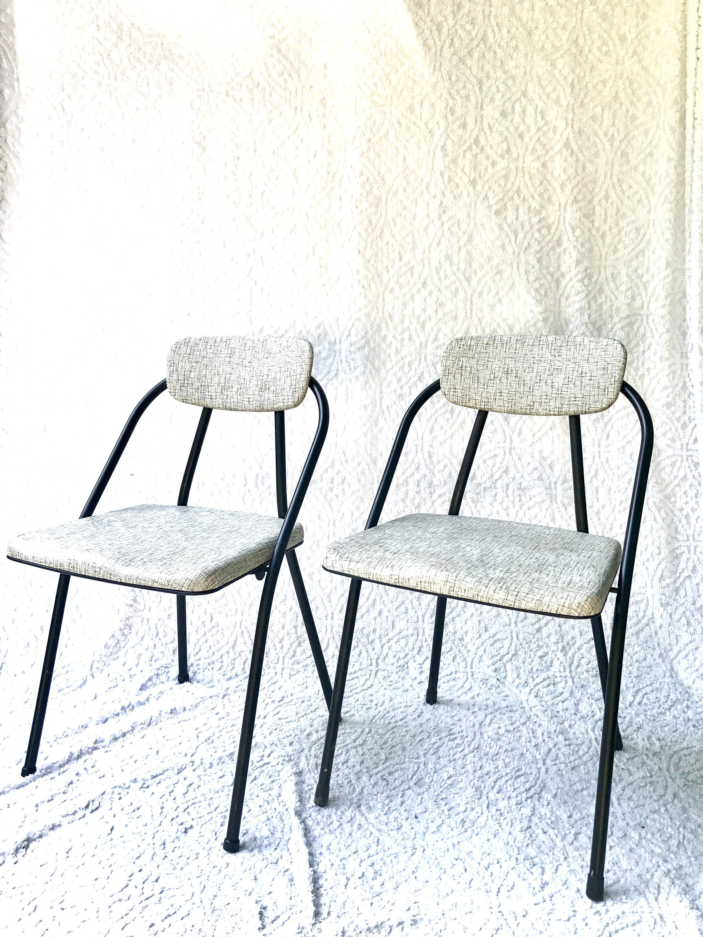 Pair of Hamilton Cosco Folding Chairs | Cosco Stylaire Padded Metal Folding Chairs |Matching Industrial Folding Chairs | Mid Century Atomic