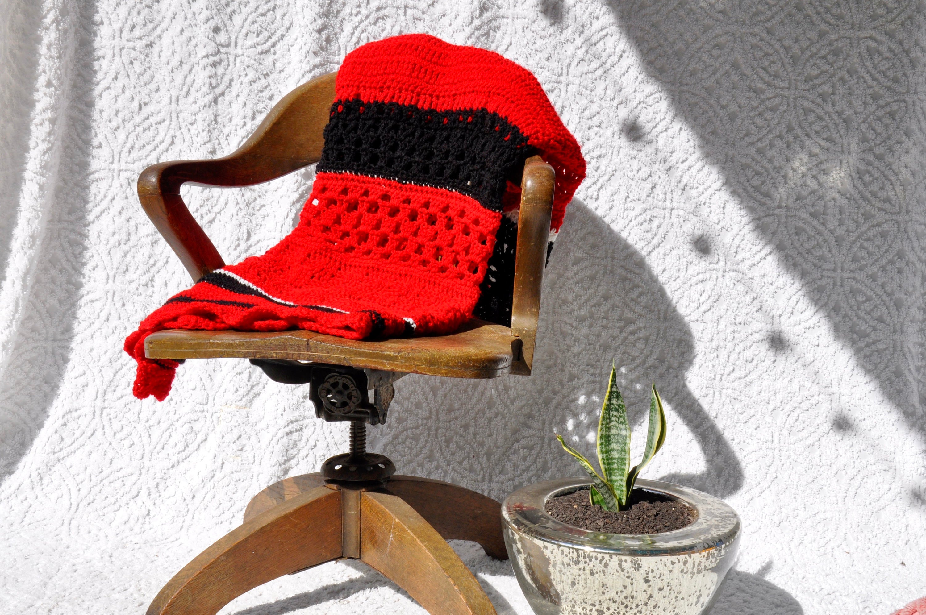 Red, Black & White Afghan Blanket | Bohemian Woven Throw | Vintage Crocheted Wool Lap Blanket | Red, White & Black Boho Knitted Blanket