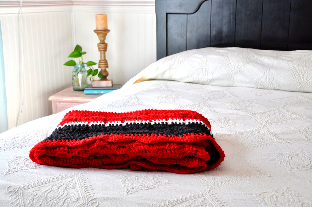Red, Black & White Afghan Blanket | Bohemian Woven Throw | Vintage Crocheted Wool Lap Blanket | Red, White & Black Boho Knitted Blanket