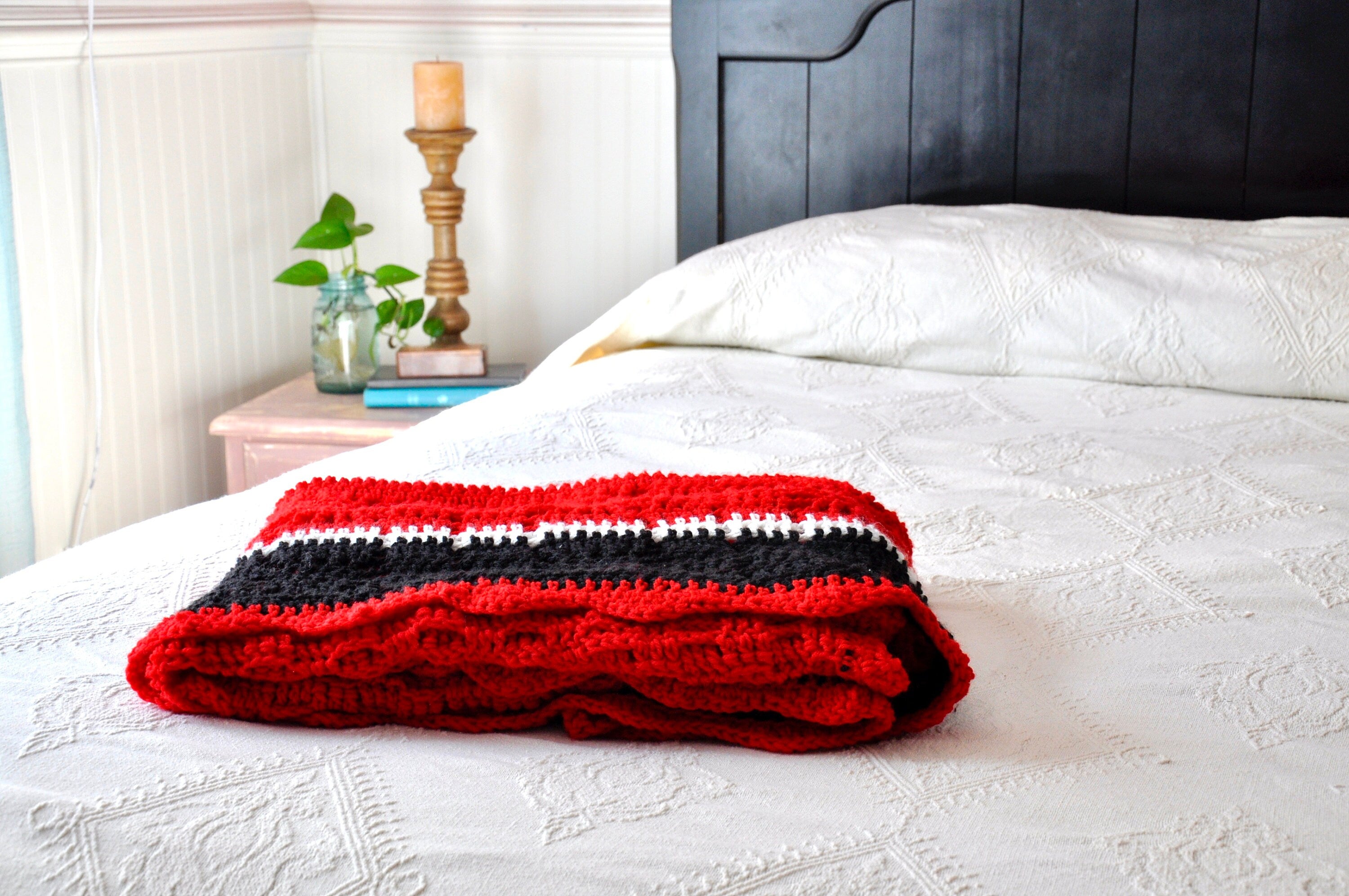 Red, Black & White Afghan Blanket | Bohemian Woven Throw | Vintage Crocheted Wool Lap Blanket | Red, White & Black Boho Knitted Blanket