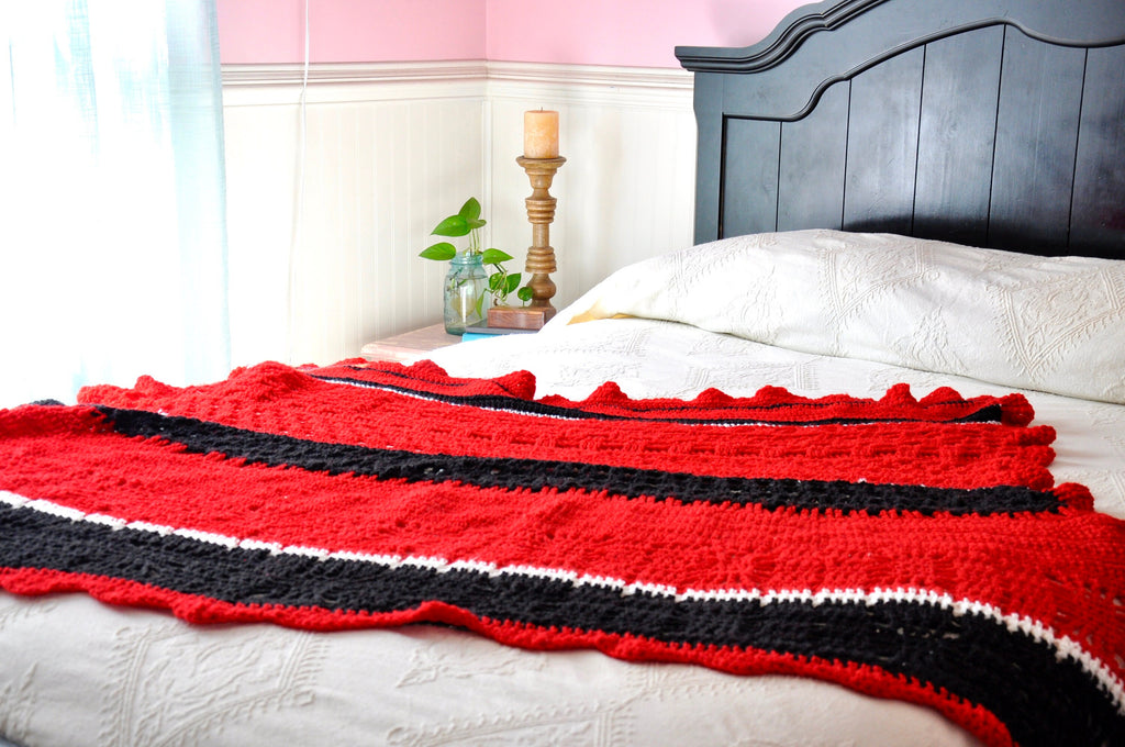 Red, Black & White Afghan Blanket | Bohemian Woven Throw | Vintage Crocheted Wool Lap Blanket | Red, White & Black Boho Knitted Blanket