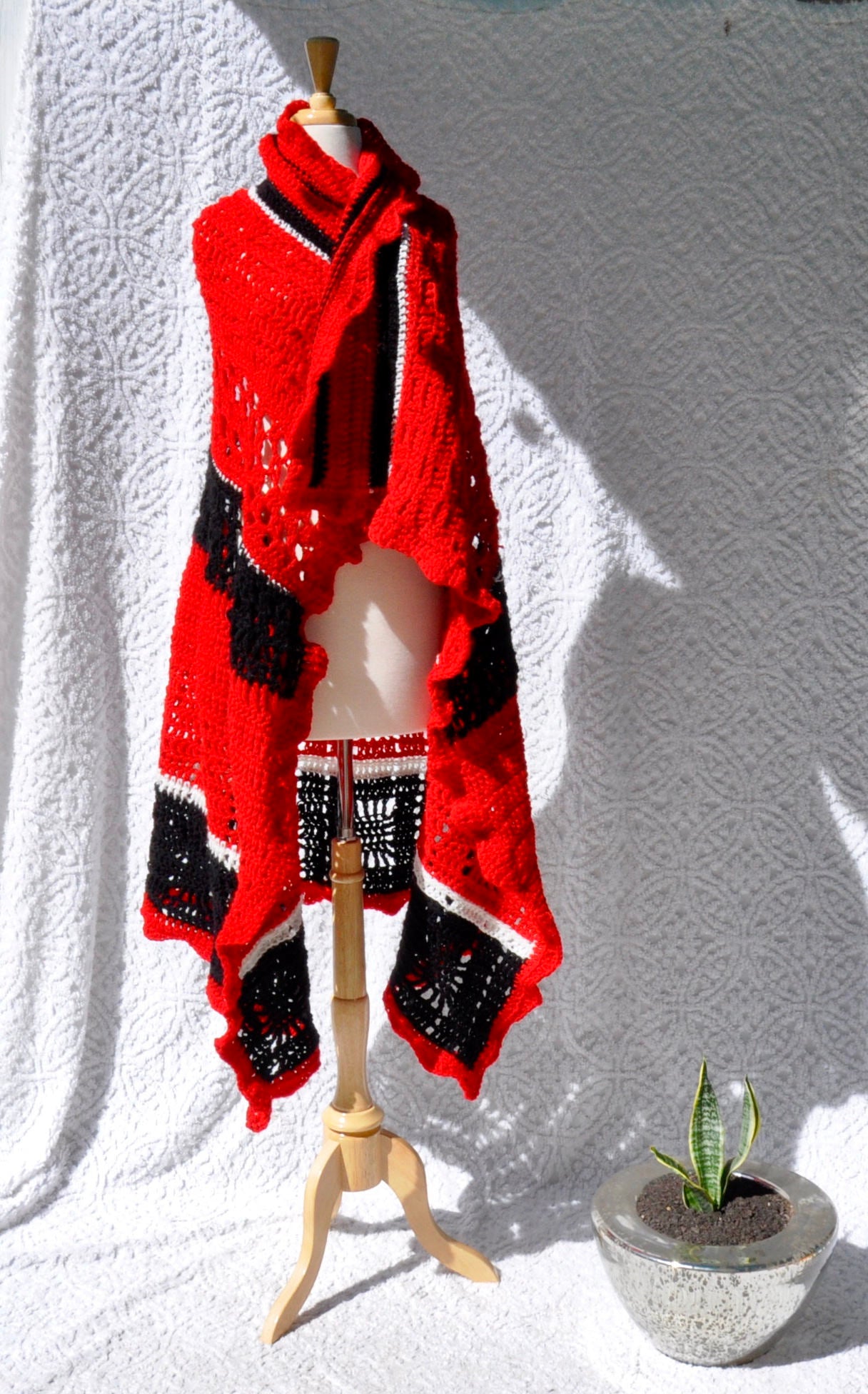 Red, Black & White Afghan Blanket | Bohemian Woven Throw | Vintage Crocheted Wool Lap Blanket | Red, White & Black Boho Knitted Blanket