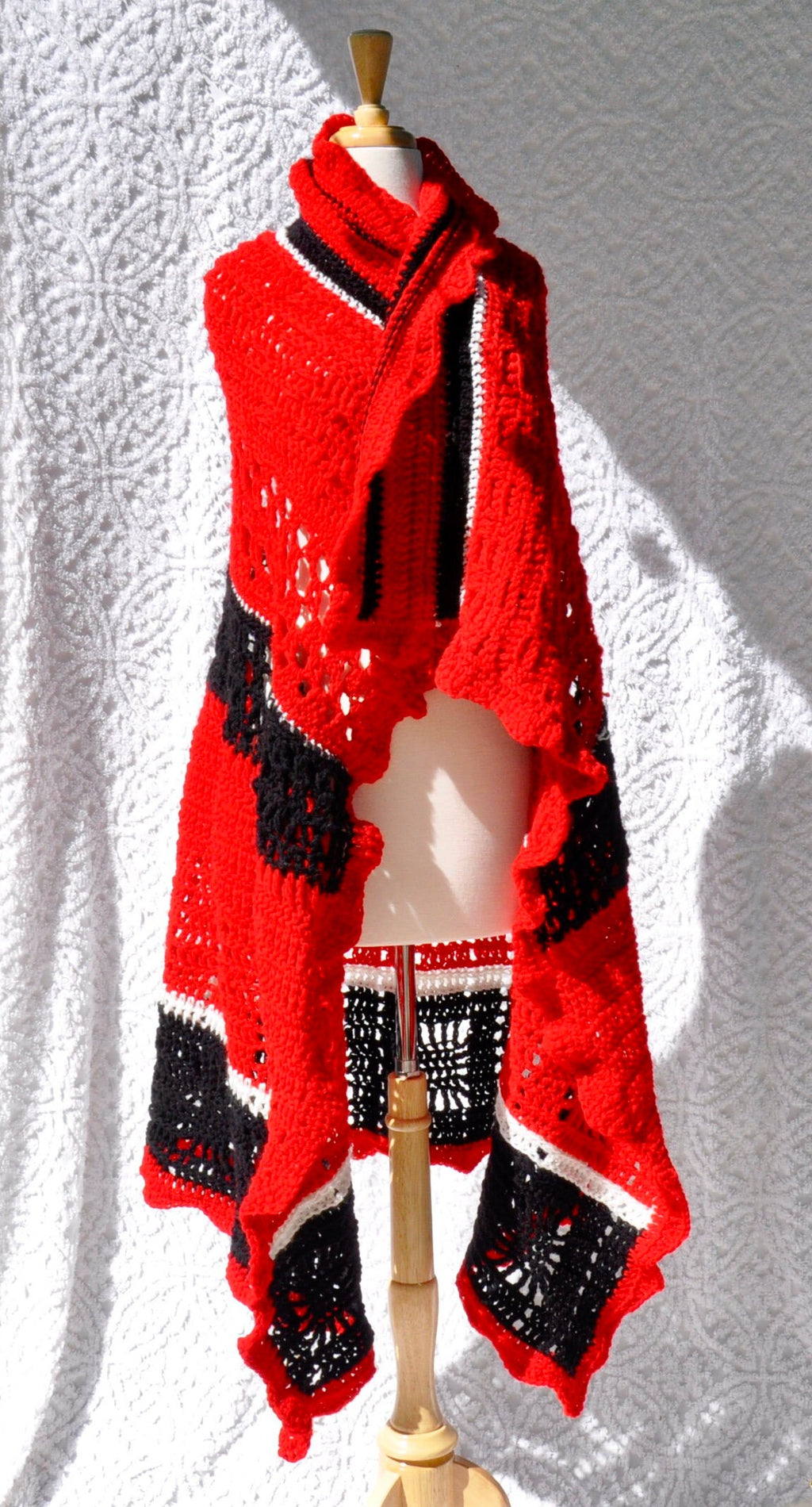 Red, Black & White Afghan Blanket | Bohemian Woven Throw | Vintage Crocheted Wool Lap Blanket | Red, White & Black Boho Knitted Blanket