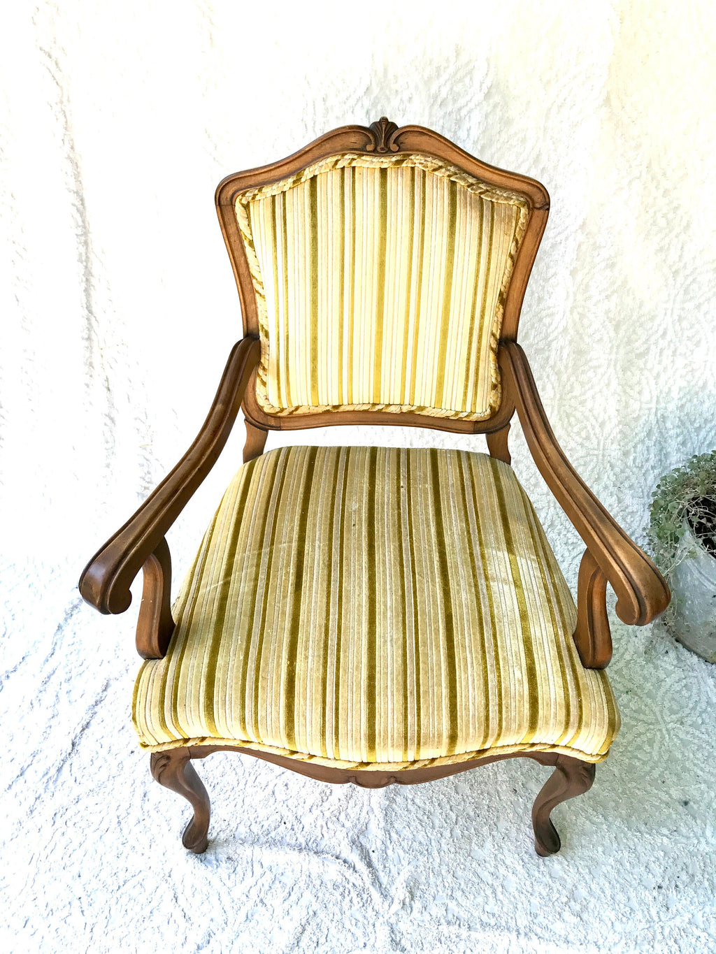 Yellow Striped  Louis XV Arm Chair | Antique French Style Arm Chair | Victorian Style Open Arm Chair | Fauteuil Style Chair | Upholstery Accent Chair
