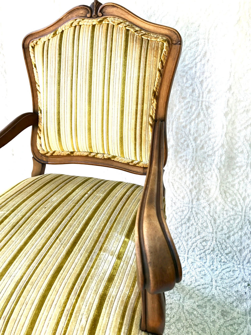 Yellow Striped  Louis XV Arm Chair | Antique French Style Arm Chair | Victorian Style Open Arm Chair | Fauteuil Style Chair | Upholstery Accent Chair