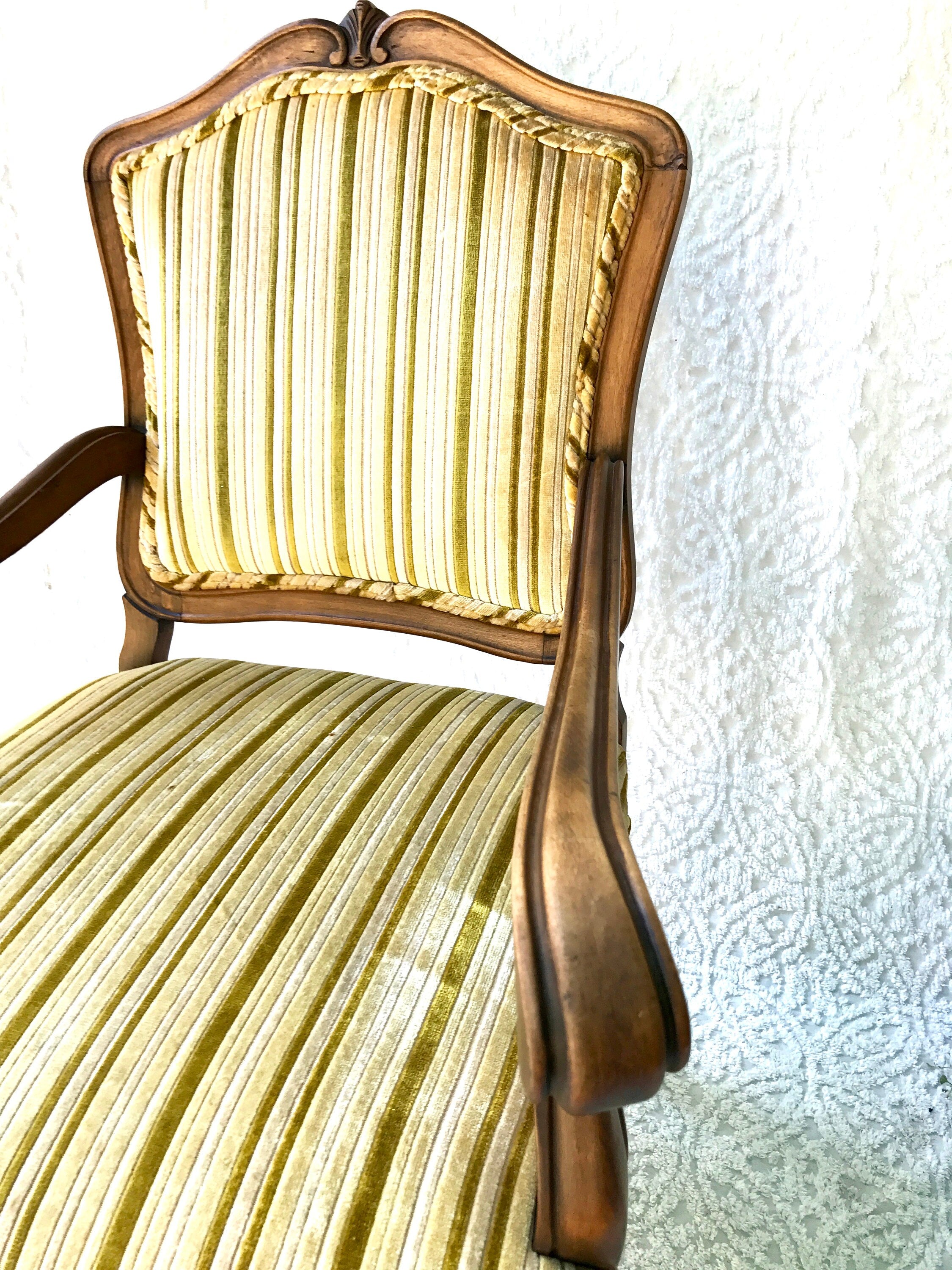 Yellow Striped  Louis XV Arm Chair | Antique French Style Arm Chair | Victorian Style Open Arm Chair | Fauteuil Style Chair | Upholstery Accent Chair