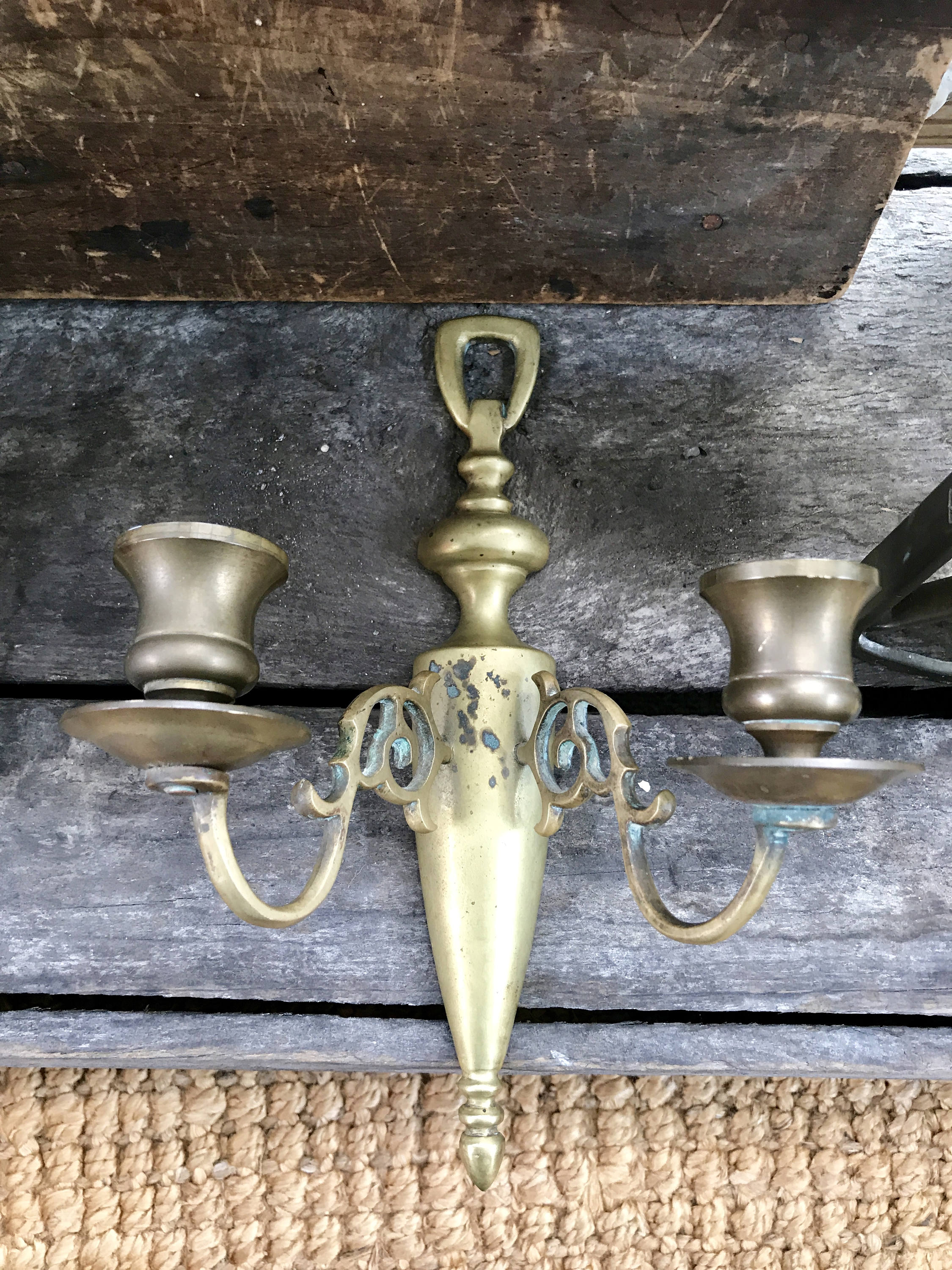 Vtg Pair of Brass Wall Sconce Candle Holders | Rustic Solid Brass Wall Sconce | Ornate Brass Twin Sconces | Brass Patina Decor