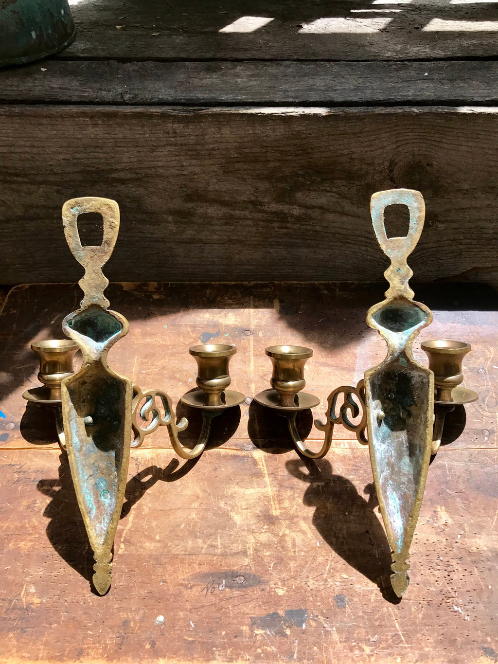 Vtg Pair of Brass Wall Sconce Candle Holders | Rustic Solid Brass Wall Sconce | Ornate Brass Twin Sconces | Brass Patina Decor