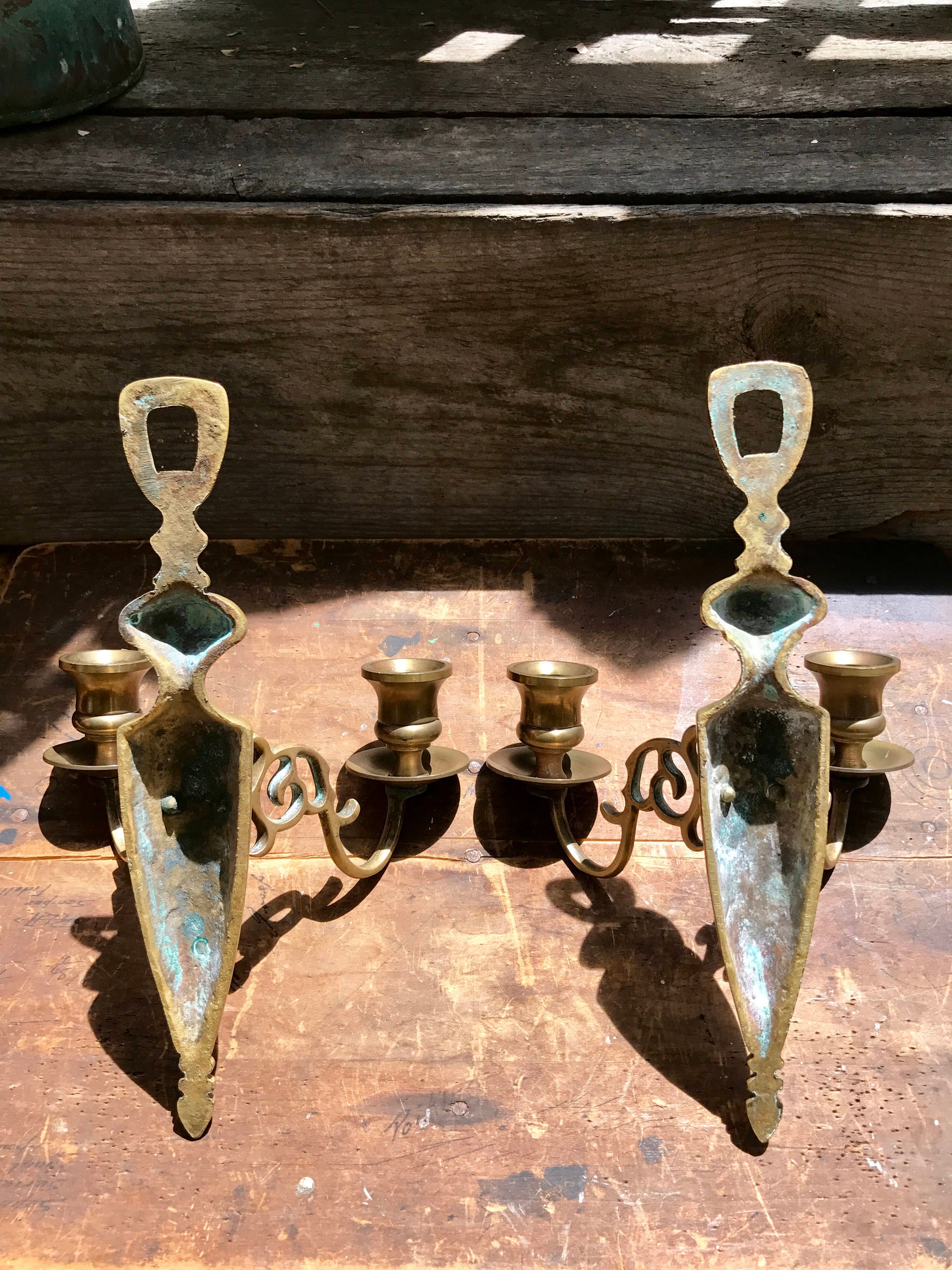 Vtg Pair of Brass Wall Sconce Candle Holders | Rustic Solid Brass Wall Sconce | Ornate Brass Twin Sconces | Brass Patina Decor