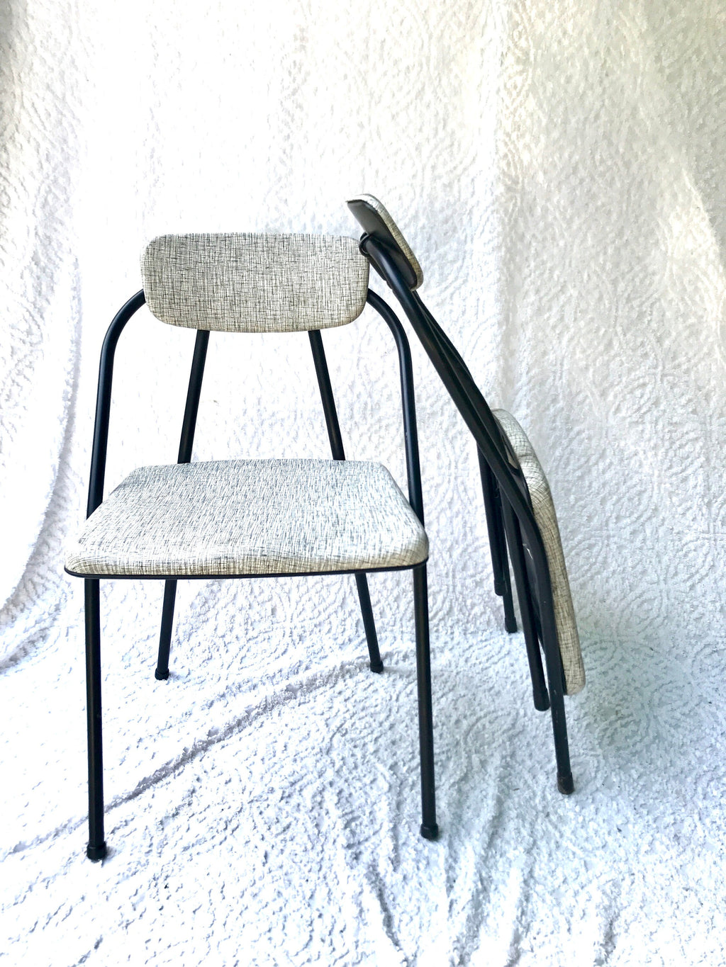Pair of Hamilton Cosco Folding Chairs | Cosco Stylaire Padded Metal Folding Chairs |Matching Industrial Folding Chairs | Mid Century Atomic