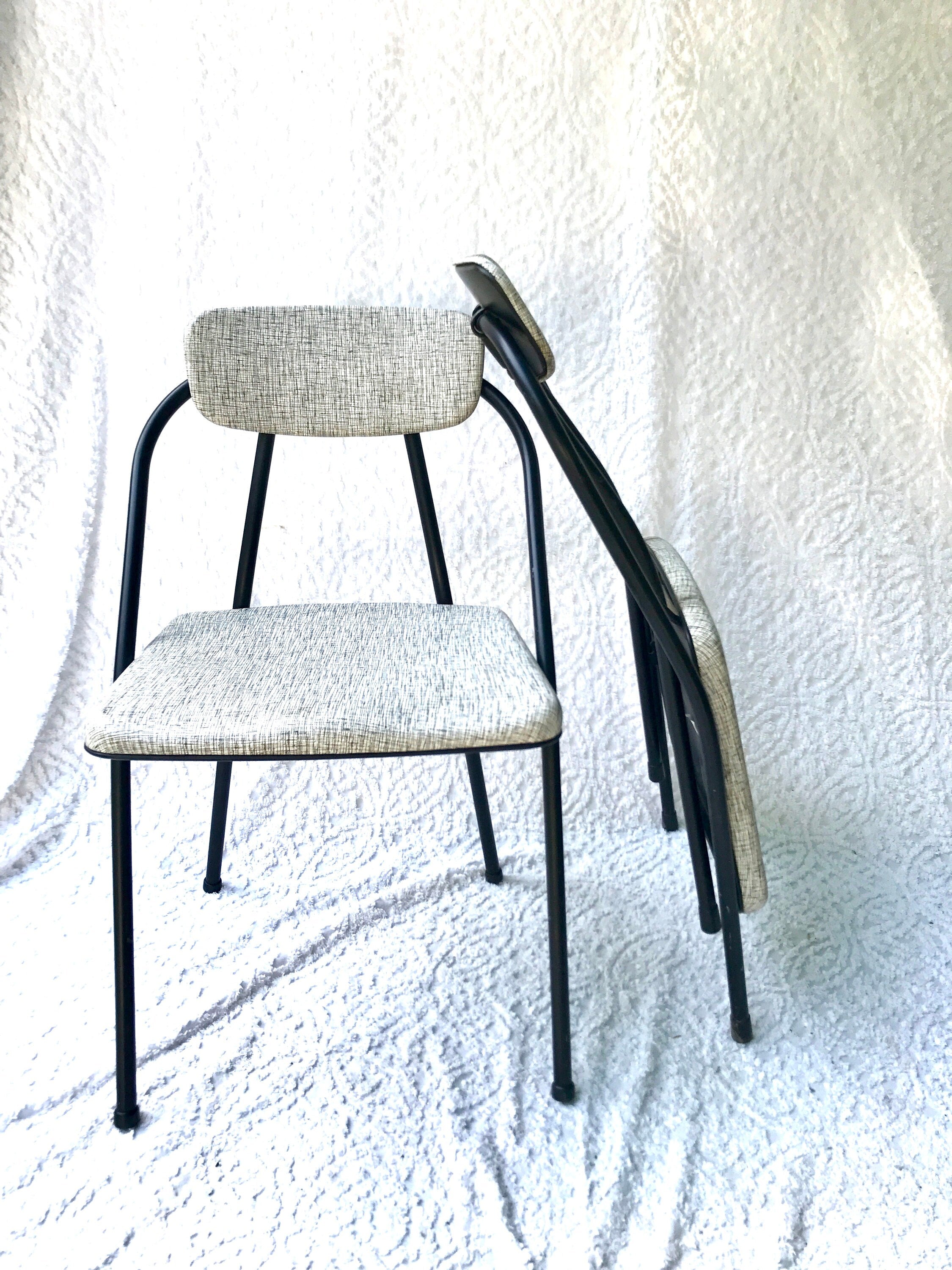 Pair of Hamilton Cosco Folding Chairs | Cosco Stylaire Padded Metal Folding Chairs |Matching Industrial Folding Chairs | Mid Century Atomic