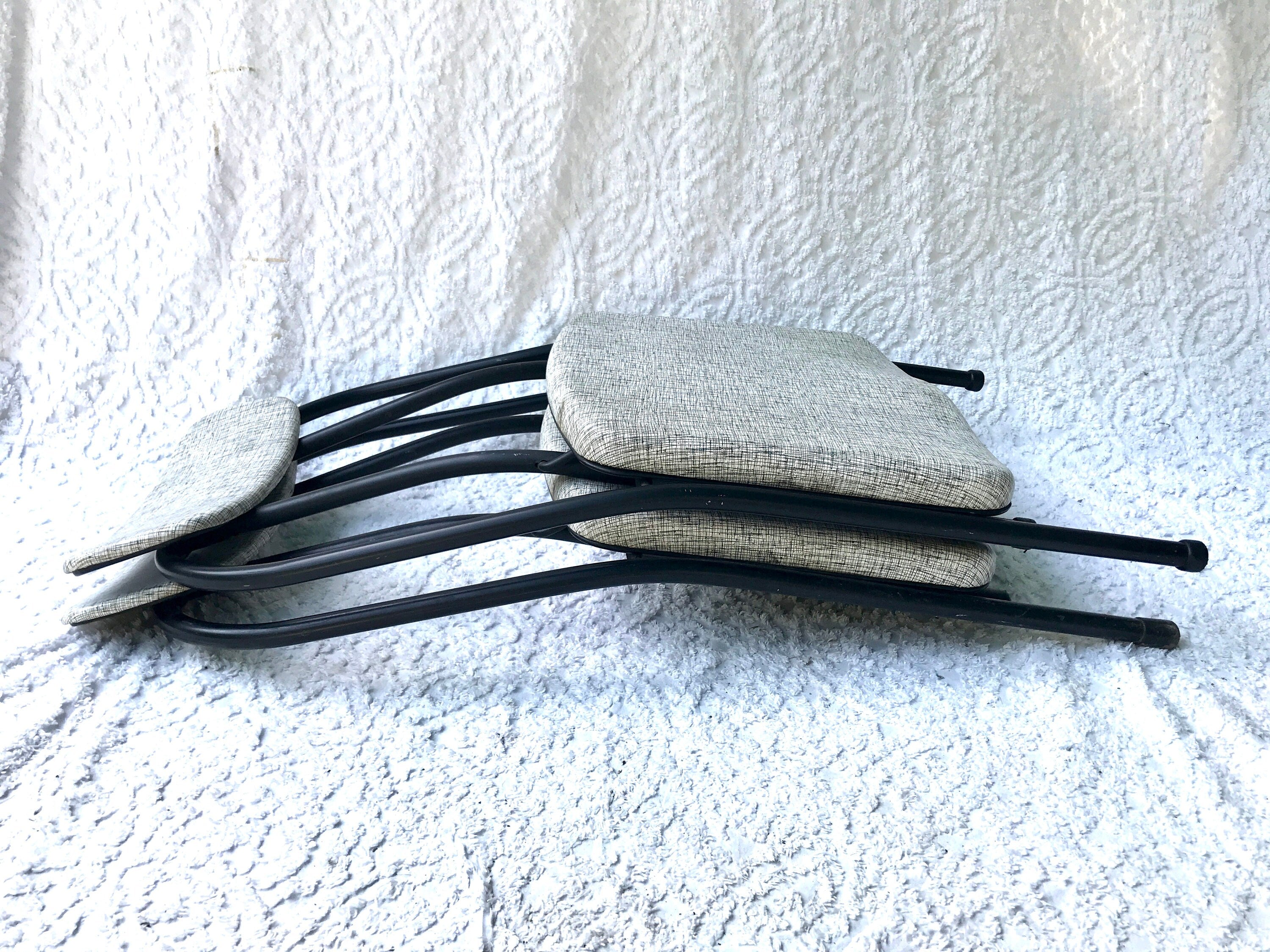 Pair of Hamilton Cosco Folding Chairs | Cosco Stylaire Padded Metal Folding Chairs |Matching Industrial Folding Chairs | Mid Century Atomic