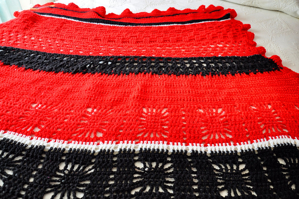 Red, Black & White Afghan Blanket | Bohemian Woven Throw | Vintage Crocheted Wool Lap Blanket | Red, White & Black Boho Knitted Blanket