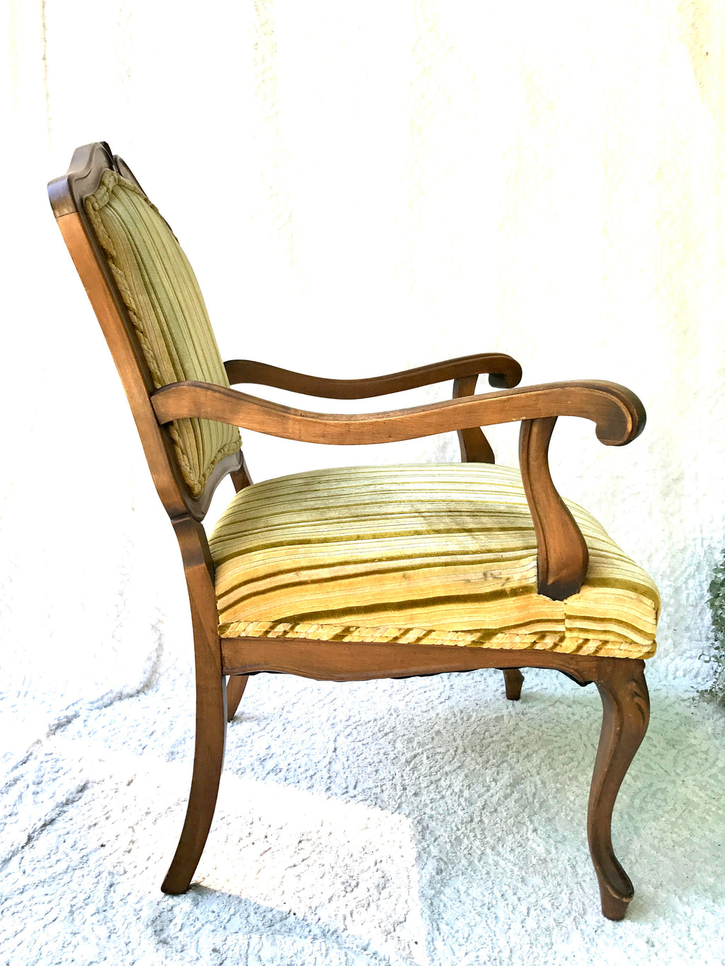 Yellow Striped  Louis XV Arm Chair | Antique French Style Arm Chair | Victorian Style Open Arm Chair | Fauteuil Style Chair | Upholstery Accent Chair