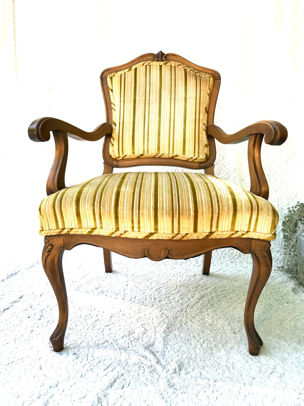 Yellow Striped  Louis XV Arm Chair | Antique French Style Arm Chair | Victorian Style Open Arm Chair | Fauteuil Style Chair | Upholstery Accent Chair