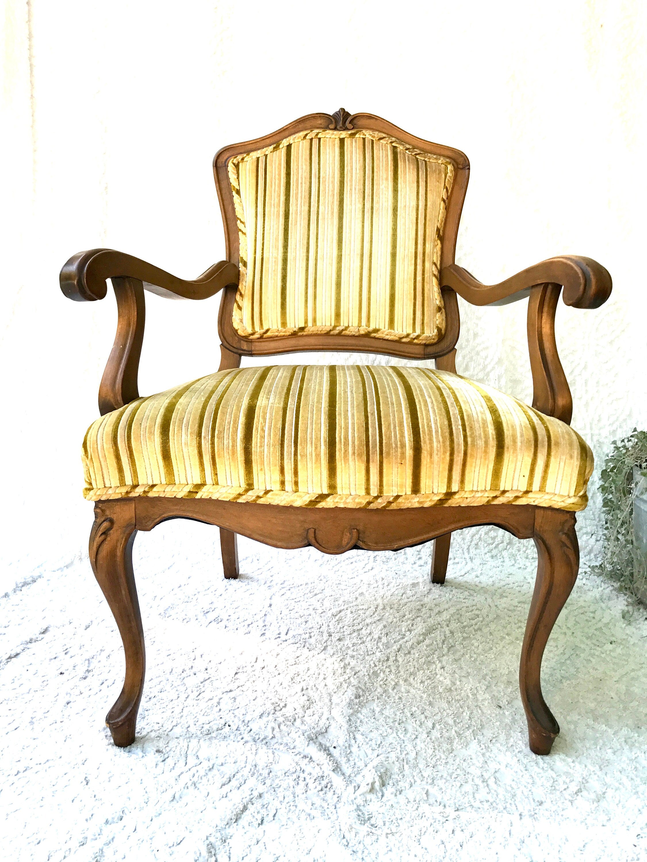 Yellow Striped  Louis XV Arm Chair | Antique French Style Arm Chair | Victorian Style Open Arm Chair | Fauteuil Style Chair | Upholstery Accent Chair