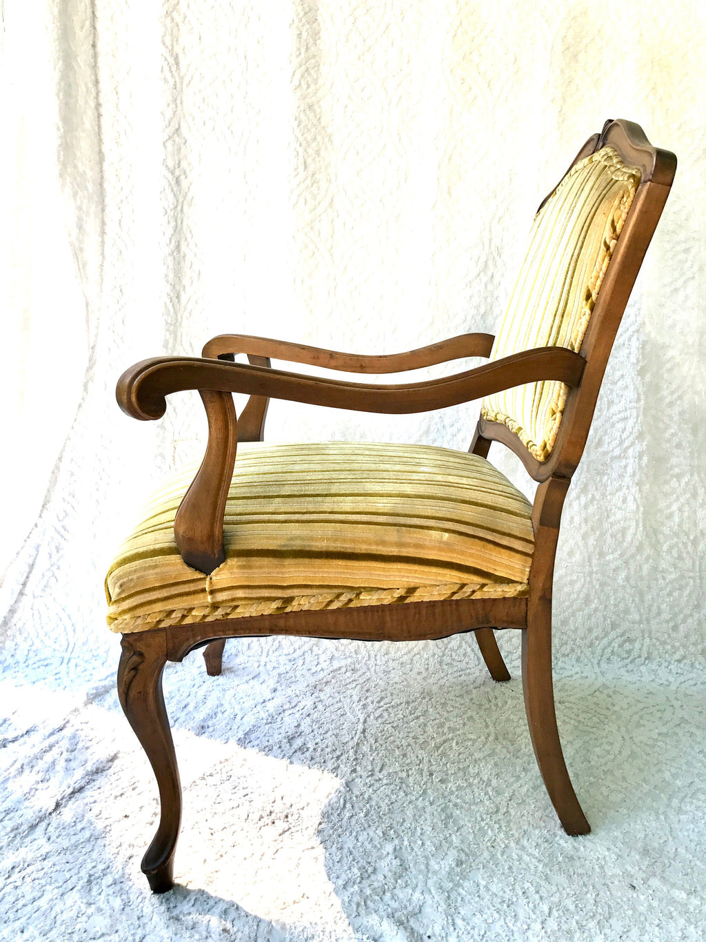 Yellow Striped  Louis XV Arm Chair | Antique French Style Arm Chair | Victorian Style Open Arm Chair | Fauteuil Style Chair | Upholstery Accent Chair