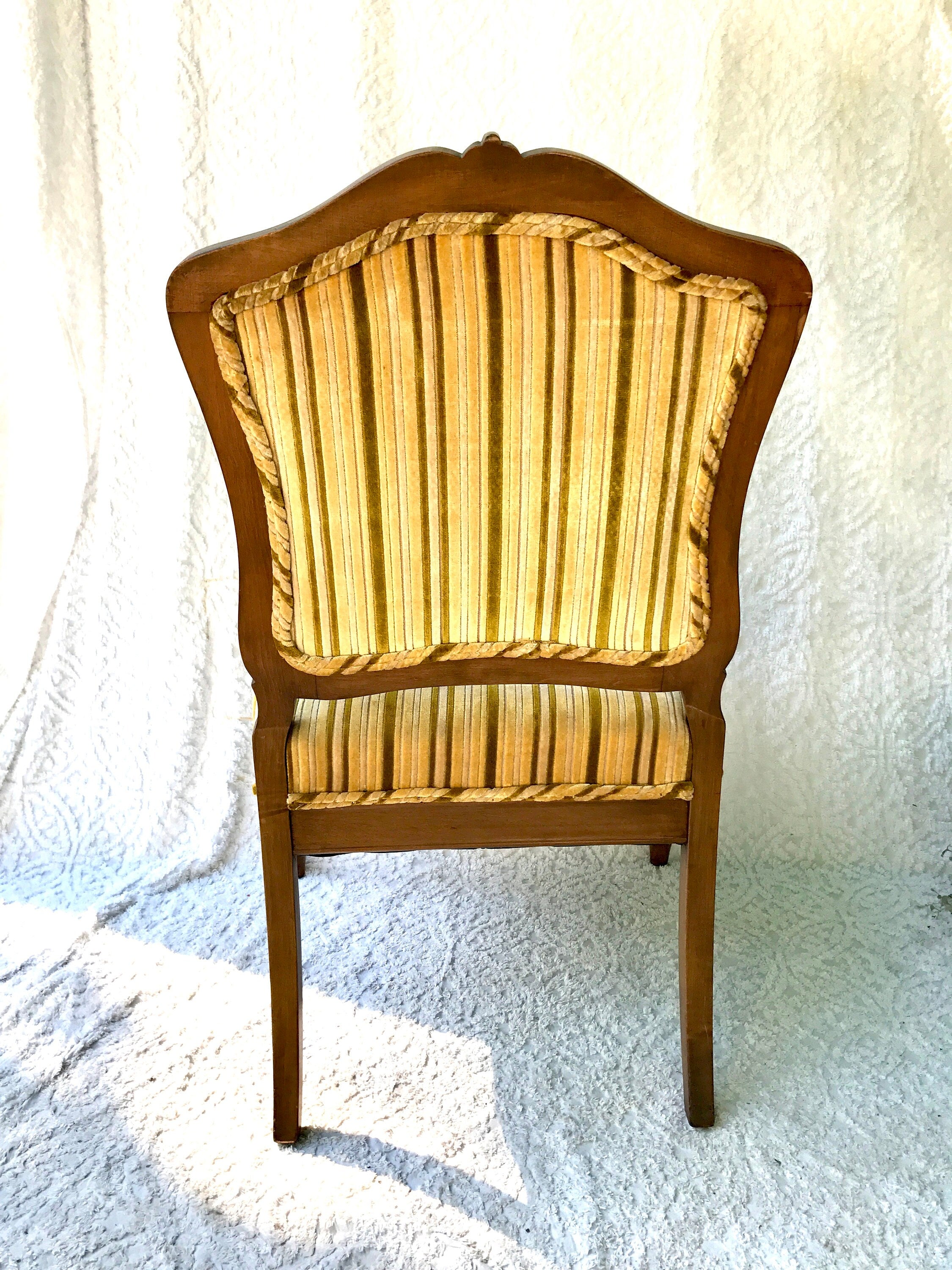Yellow Striped  Louis XV Arm Chair | Antique French Style Arm Chair | Victorian Style Open Arm Chair | Fauteuil Style Chair | Upholstery Accent Chair