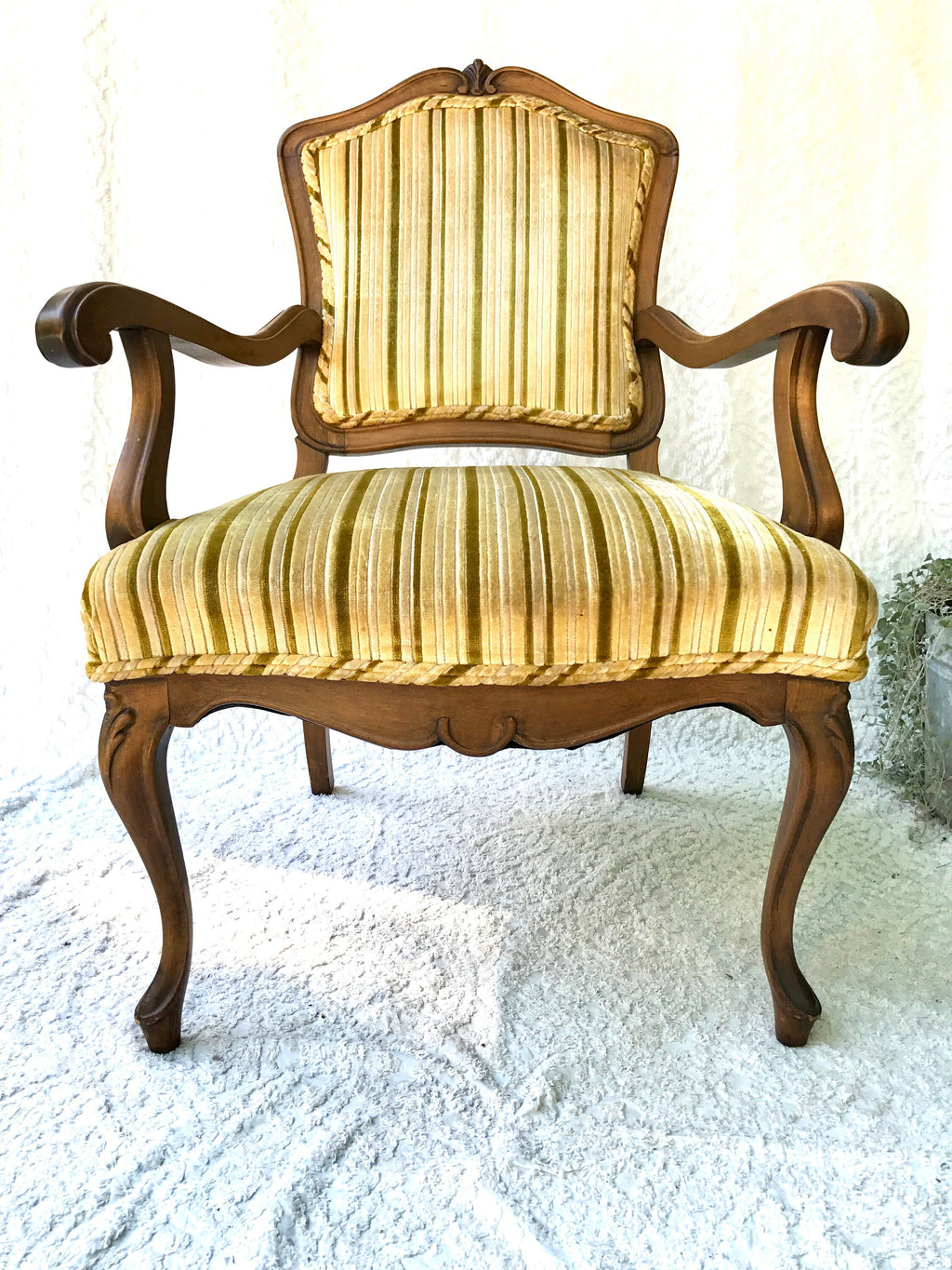 Yellow Striped  Louis XV Arm Chair | Antique French Style Arm Chair | Victorian Style Open Arm Chair | Fauteuil Style Chair | Upholstery Accent Chair