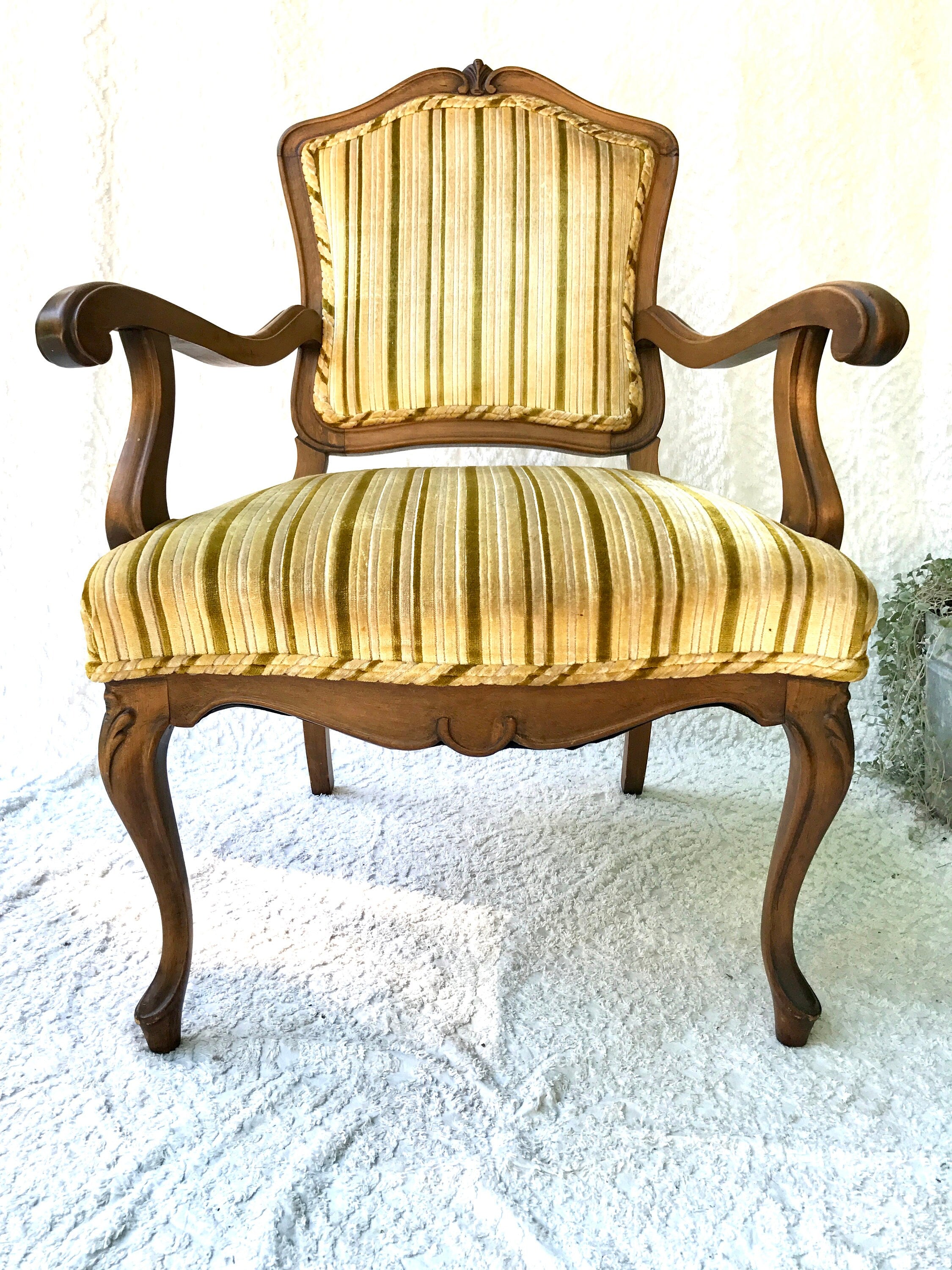Yellow Striped  Louis XV Arm Chair | Antique French Style Arm Chair | Victorian Style Open Arm Chair | Fauteuil Style Chair | Upholstery Accent Chair