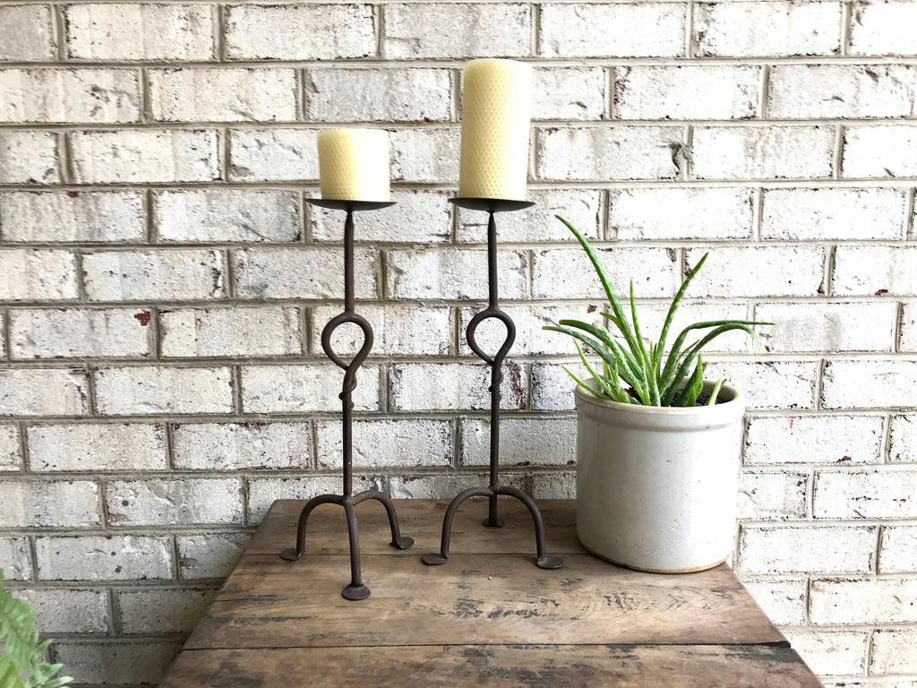 Pair of Iron Candle Stick | Two Rod Iron Candle Holders | Wrought Iron Candlestick Holders | Bare Steel Twisted Metal Candle Stands