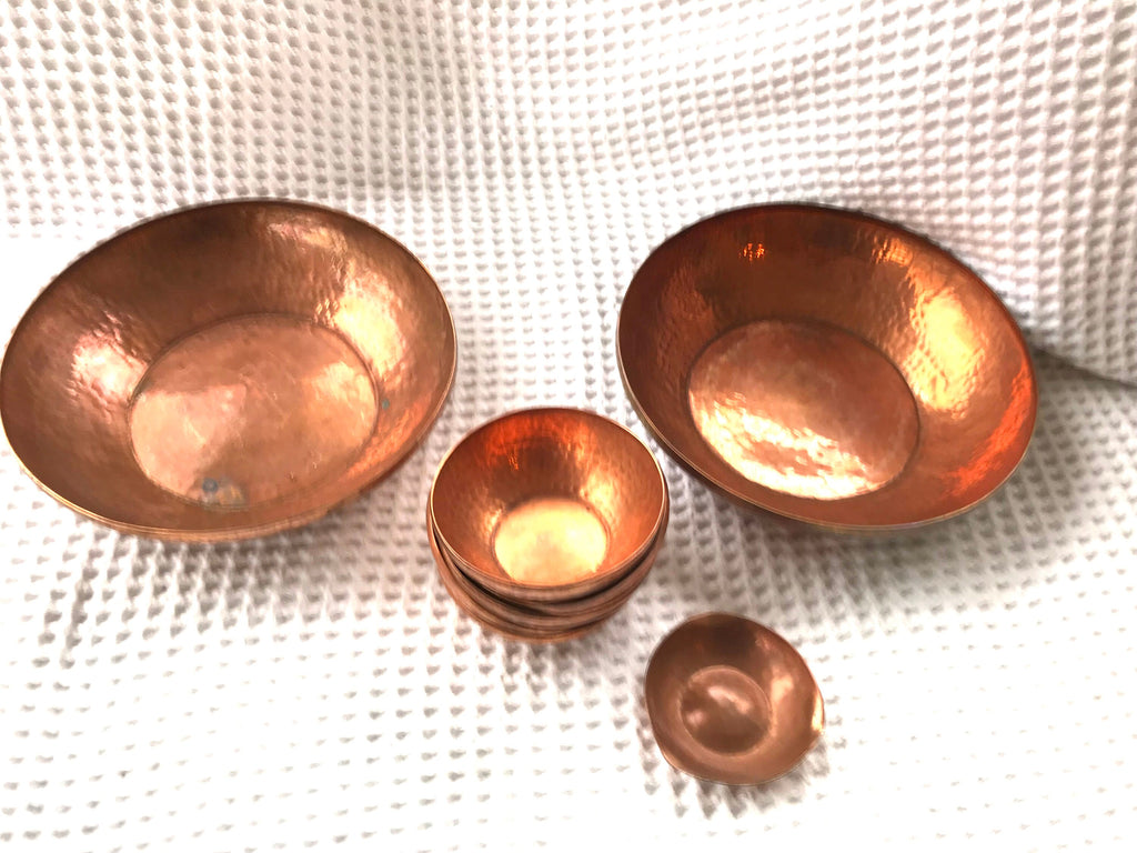 Set of Hammered Copper Bowls | Industrial Argentina Copper Bowls and Ashtray| 2 Large Copper Bowls, 5 Small Bowls and 1 Ashtray| Boho Dishes
