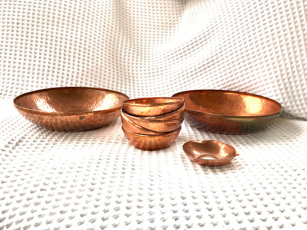 Set of Hammered Copper Bowls | Industrial Argentina Copper Bowls and Ashtray| 2 Large Copper Bowls, 5 Small Bowls and 1 Ashtray| Boho Dishes