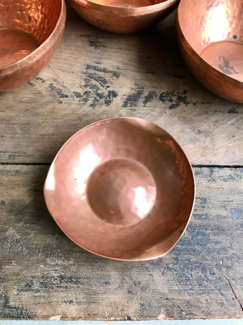 Set of Hammered Copper Bowls | Industrial Argentina Copper Bowls and Ashtray| 2 Large Copper Bowls, 5 Small Bowls and 1 Ashtray| Boho Dishes