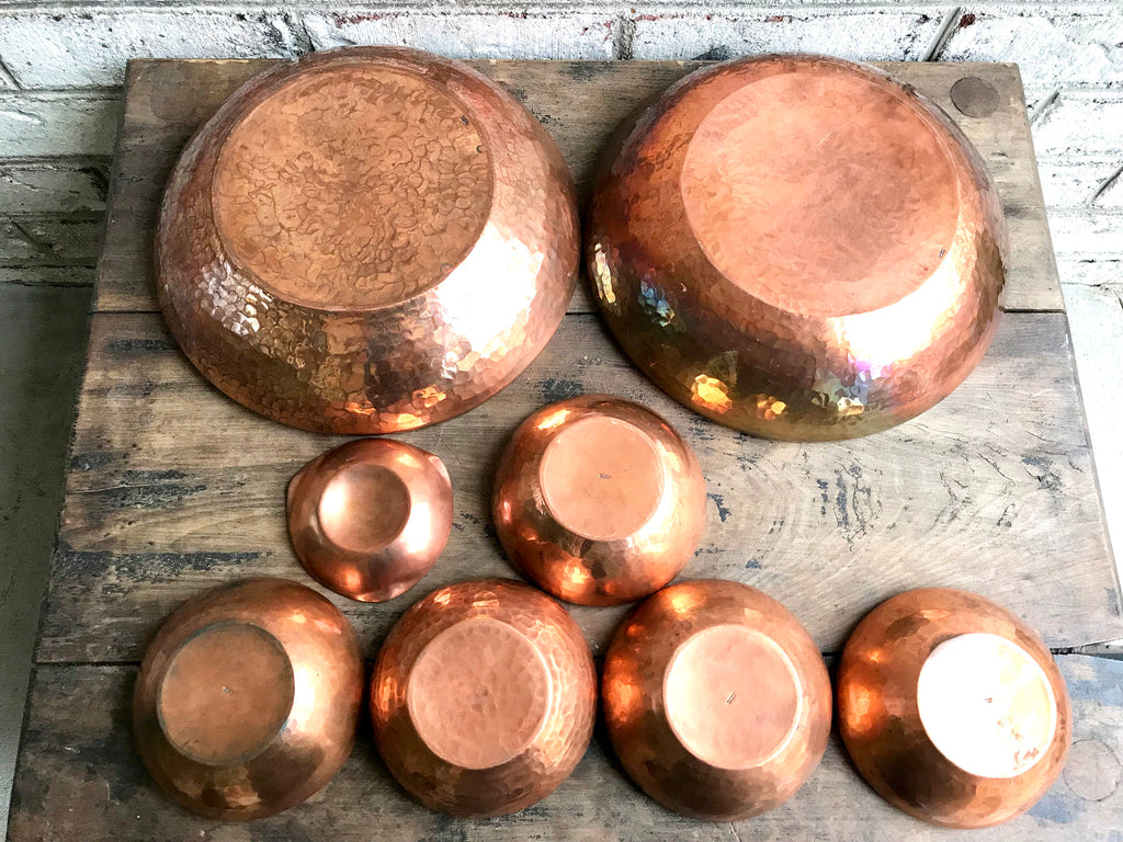 Set of Hammered Copper Bowls | Industrial Argentina Copper Bowls and Ashtray| 2 Large Copper Bowls, 5 Small Bowls and 1 Ashtray| Boho Dishes