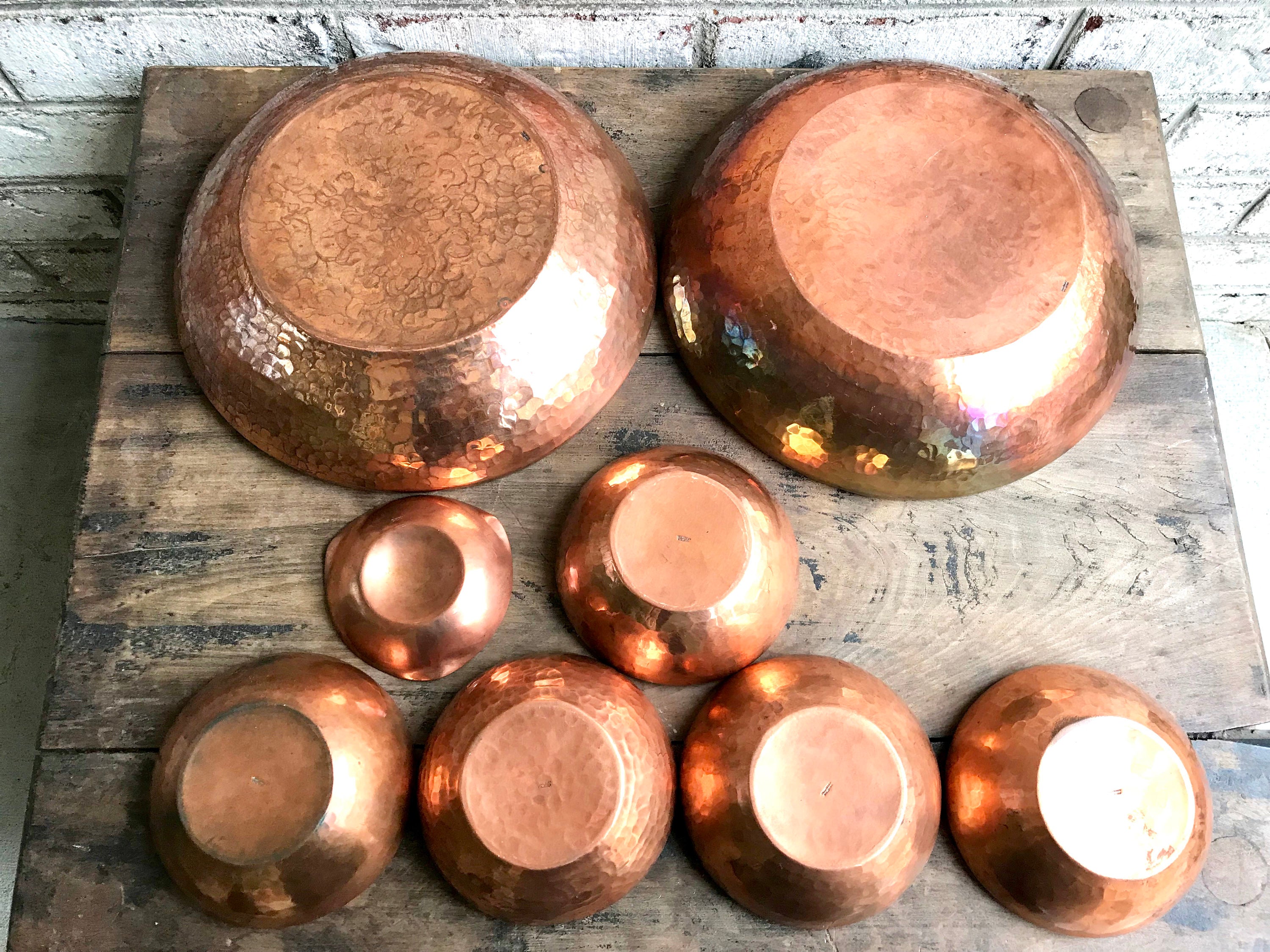 Set of Hammered Copper Bowls | Industrial Argentina Copper Bowls and Ashtray| 2 Large Copper Bowls, 5 Small Bowls and 1 Ashtray| Boho Dishes