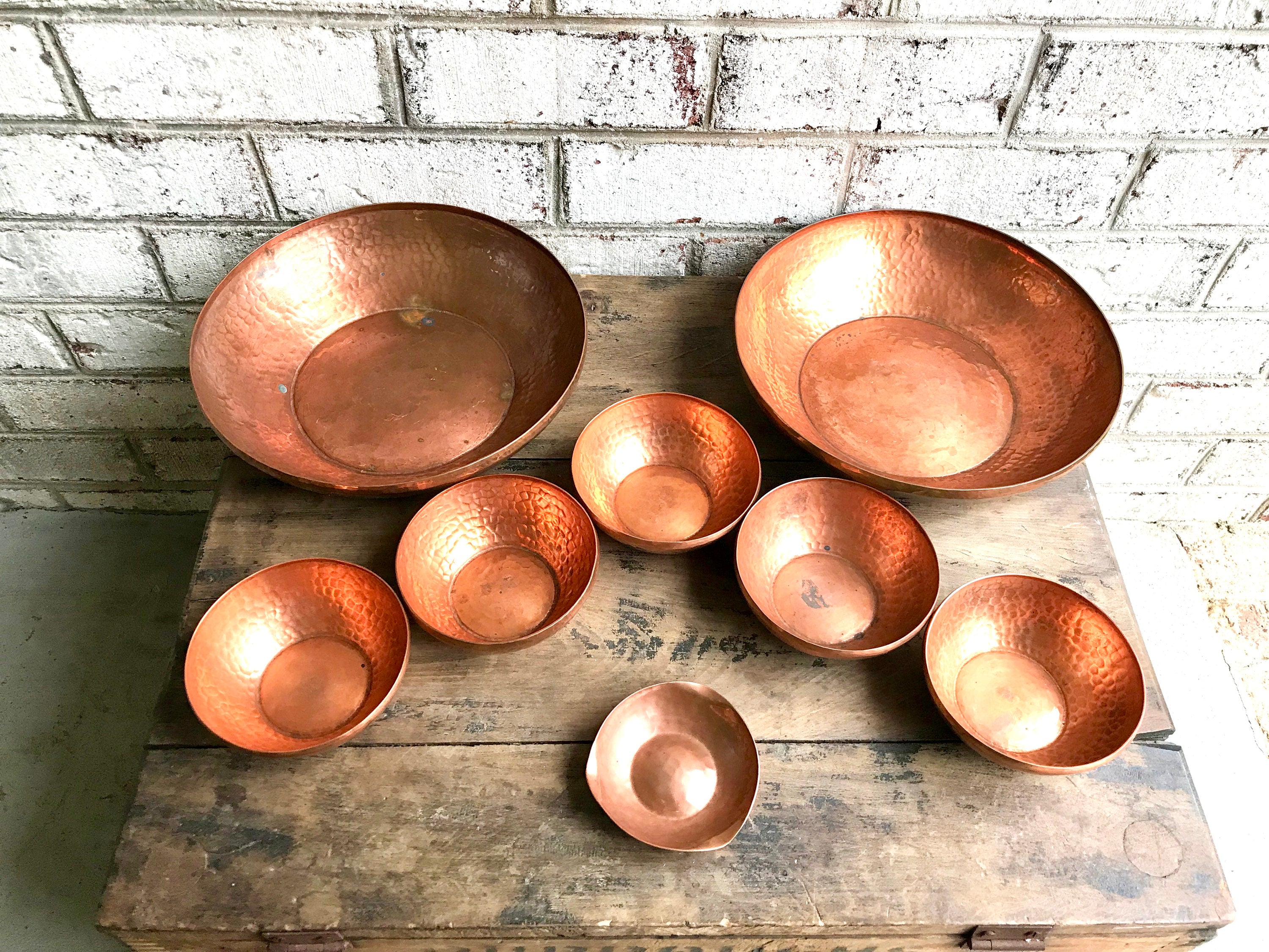 Set of Hammered Copper Bowls | Industrial Argentina Copper Bowls and Ashtray| 2 Large Copper Bowls, 5 Small Bowls and 1 Ashtray| Boho Dishes