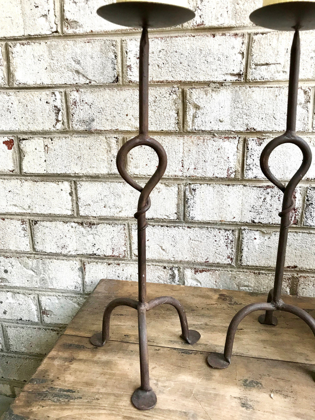 Pair of Iron Candle Stick | Two Rod Iron Candle Holders | Wrought Iron Candlestick Holders | Bare Steel Twisted Metal Candle Stands