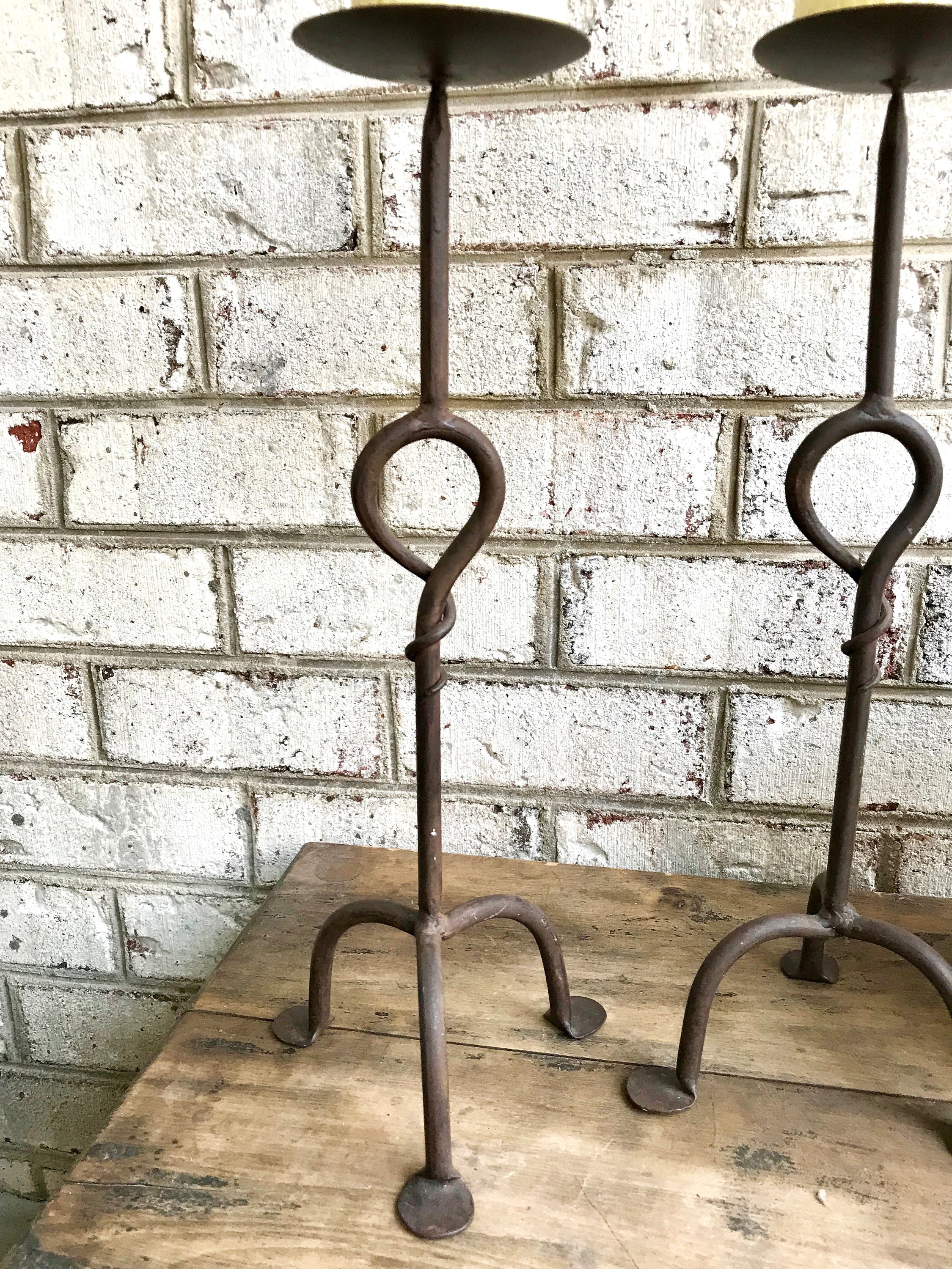 Pair of Iron Candle Stick | Two Rod Iron Candle Holders | Wrought Iron Candlestick Holders | Bare Steel Twisted Metal Candle Stands