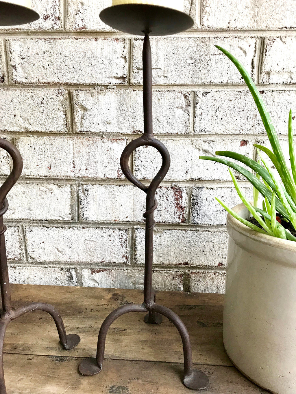 Pair of Iron Candle Stick | Two Rod Iron Candle Holders | Wrought Iron Candlestick Holders | Bare Steel Twisted Metal Candle Stands