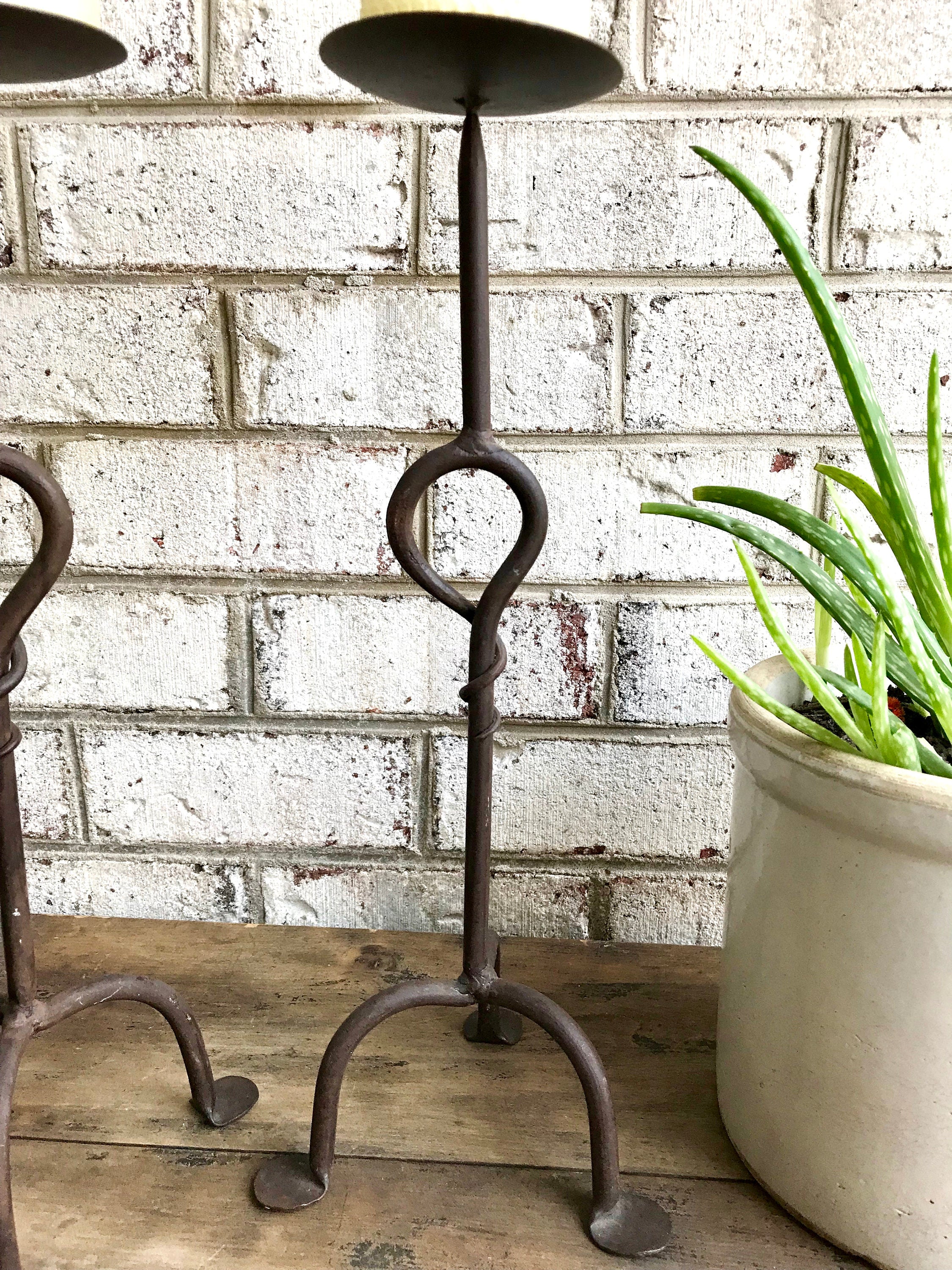 Pair of Iron Candle Stick | Two Rod Iron Candle Holders | Wrought Iron Candlestick Holders | Bare Steel Twisted Metal Candle Stands