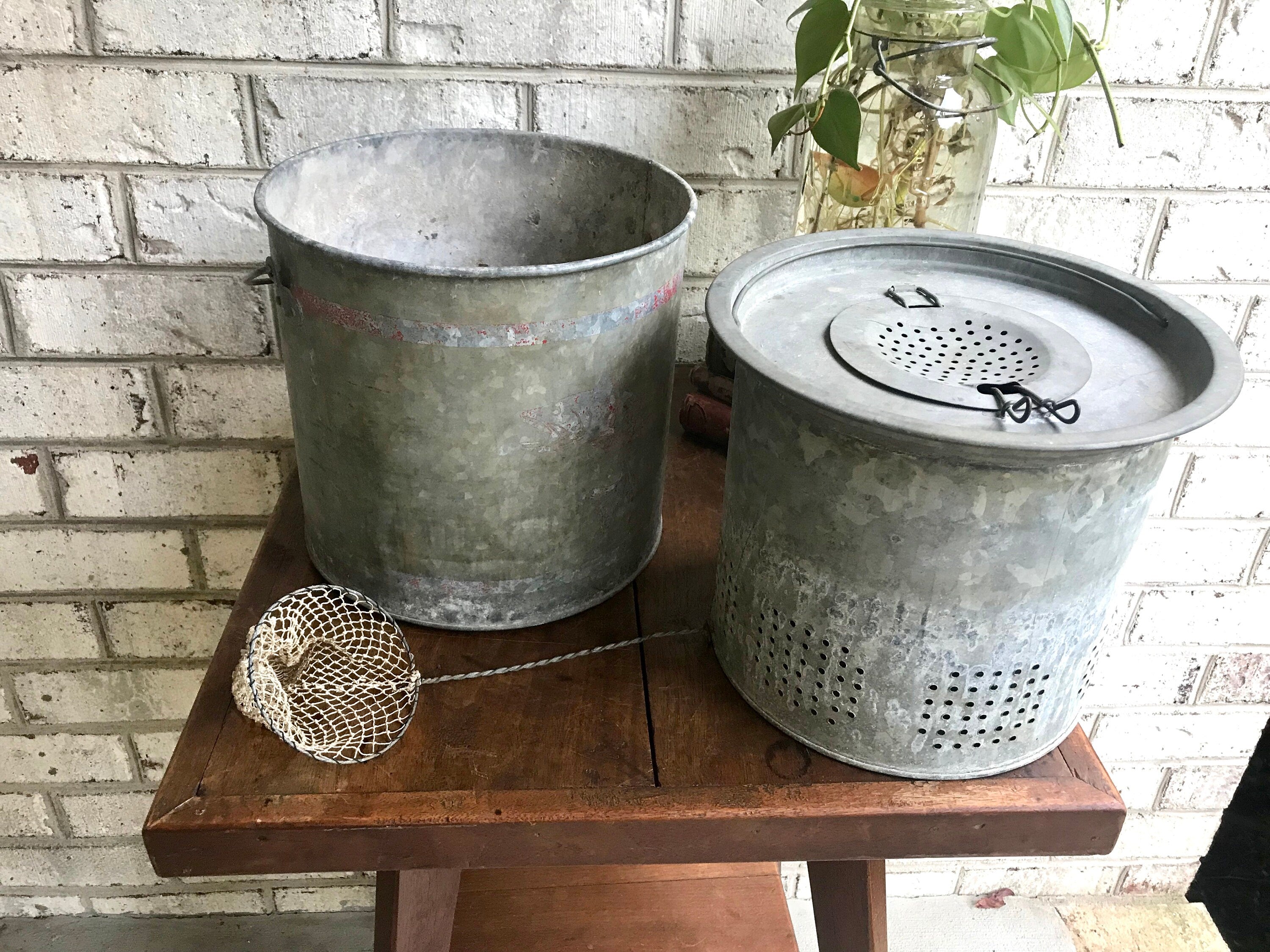 Rustic Minnow Bucket | Metal Bait Bucket with Net | Two Piece Minnow Bucket | Repurposed Planter | Display Bucket | Fishing Decor