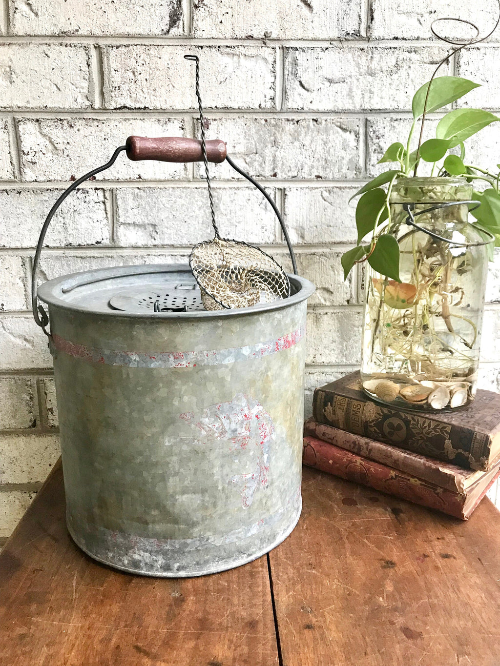 Rustic Minnow Bucket | Metal Bait Bucket with Net | Two Piece Minnow Bucket | Repurposed Planter | Display Bucket | Fishing Decor