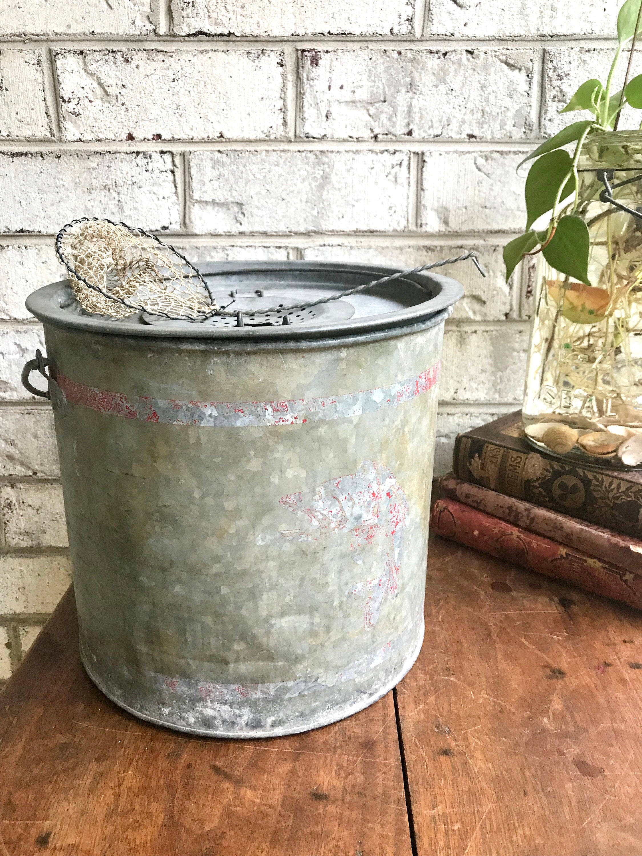 Rustic Minnow Bucket | Metal Bait Bucket with Net | Two Piece Minnow Bucket | Repurposed Planter | Display Bucket | Fishing Decor