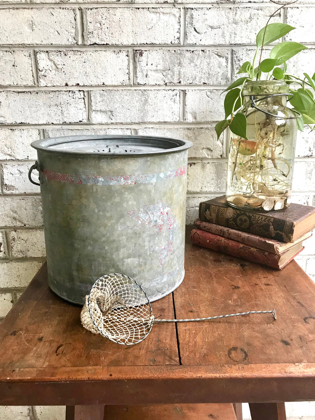 Rustic Minnow Bucket | Metal Bait Bucket with Net | Two Piece Minnow Bucket | Repurposed Planter | Display Bucket | Fishing Decor