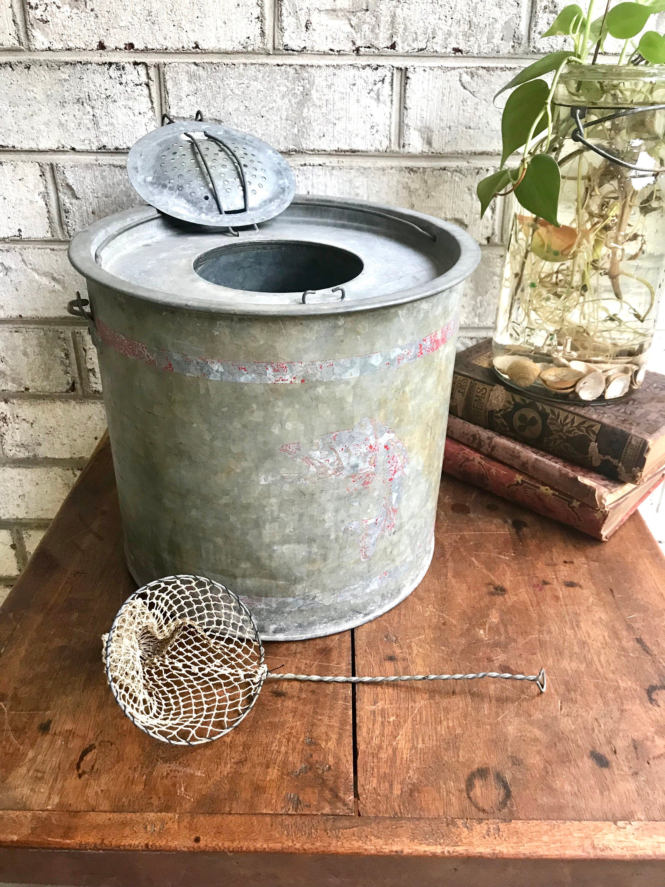 Rustic Minnow Bucket | Metal Bait Bucket with Net | Two Piece Minnow Bucket | Repurposed Planter | Display Bucket | Fishing Decor