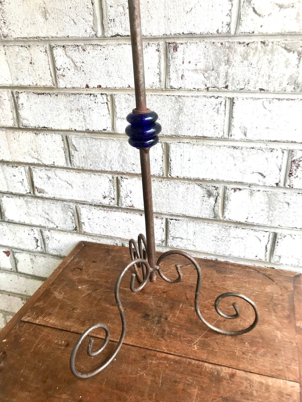 Vintage Iron Candle Stick | Rod Iron Candle Holder With Blue Glass Bead | Wrought Iron Candelabra | Bare Steel Twisted Metal Candle Stands