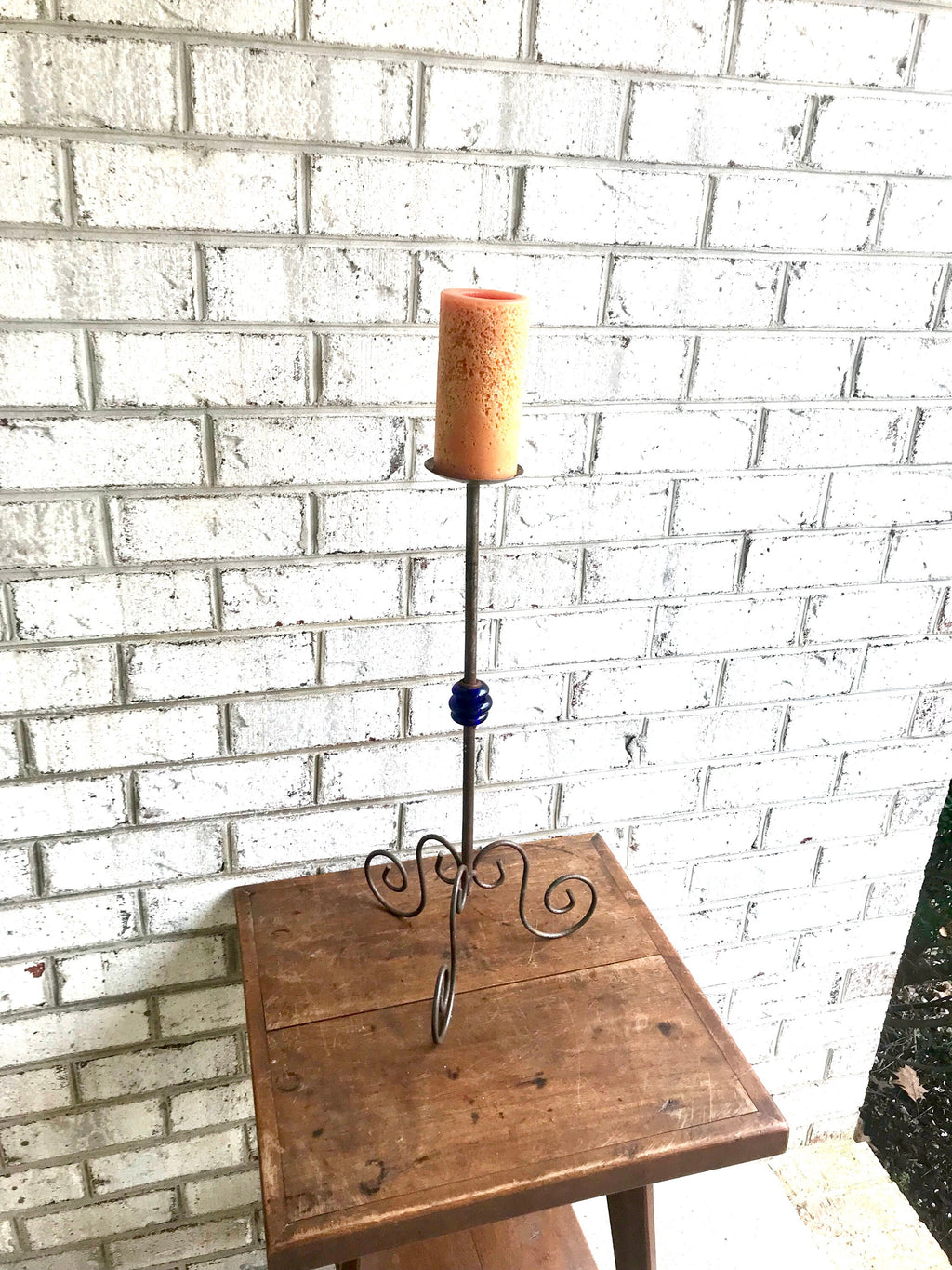 Vintage Iron Candle Stick | Rod Iron Candle Holder With Blue Glass Bead | Wrought Iron Candelabra | Bare Steel Twisted Metal Candle Stands