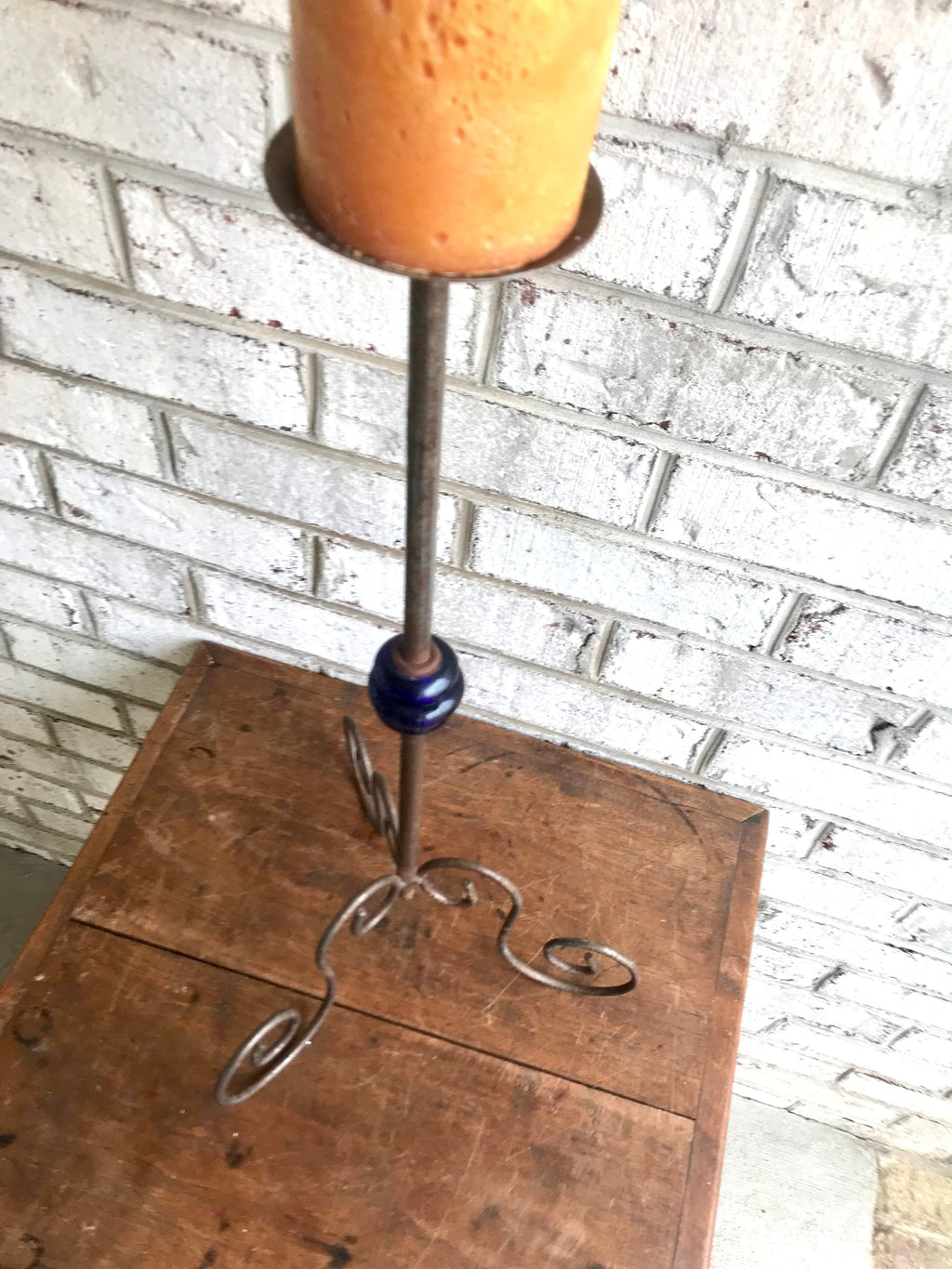Vintage Iron Candle Stick | Rod Iron Candle Holder With Blue Glass Bead | Wrought Iron Candelabra | Bare Steel Twisted Metal Candle Stands