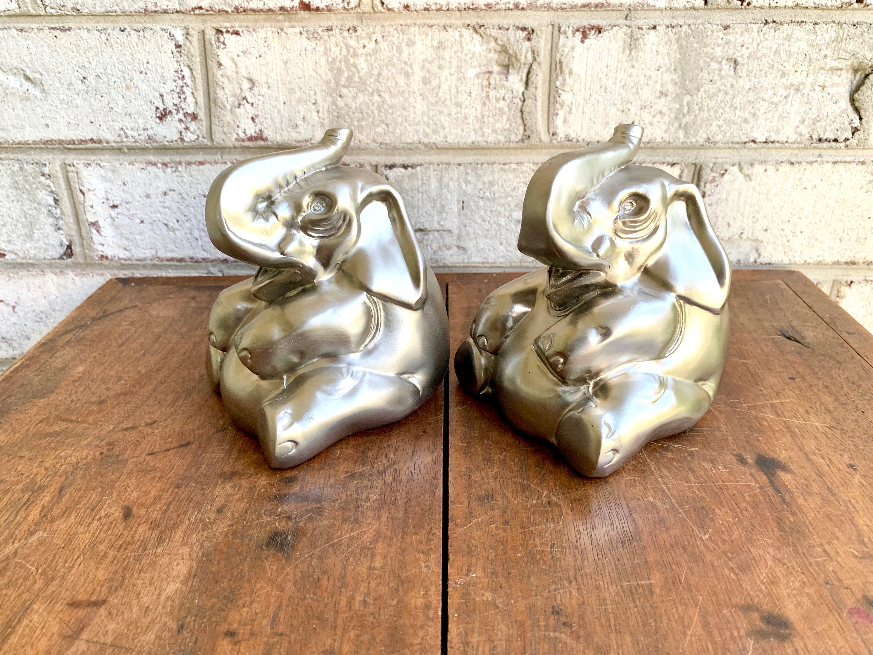 Vintage Pair of Nickel Plated PM Craftman Elephant Book Ends | Silver Toned Elephant Bookends | Nursery Decor | Office Decor | Library Decor