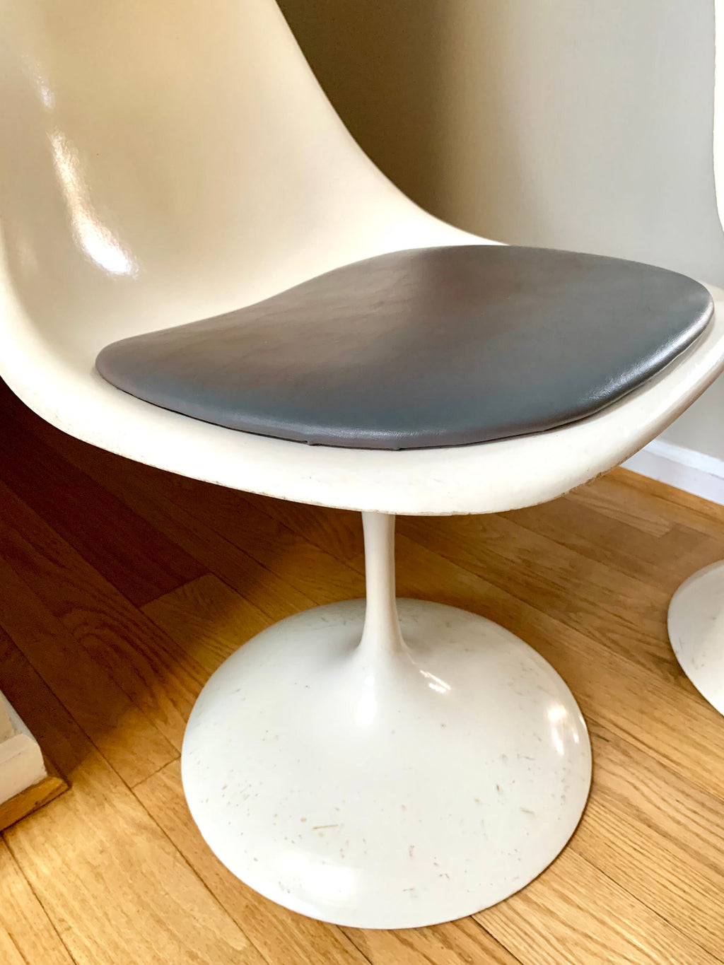 Vtg Pair White Tulip Chairs | MCM White Tulip Chairs with Gray Cushions | Mid Century Modern Tulip Swivel Chairs